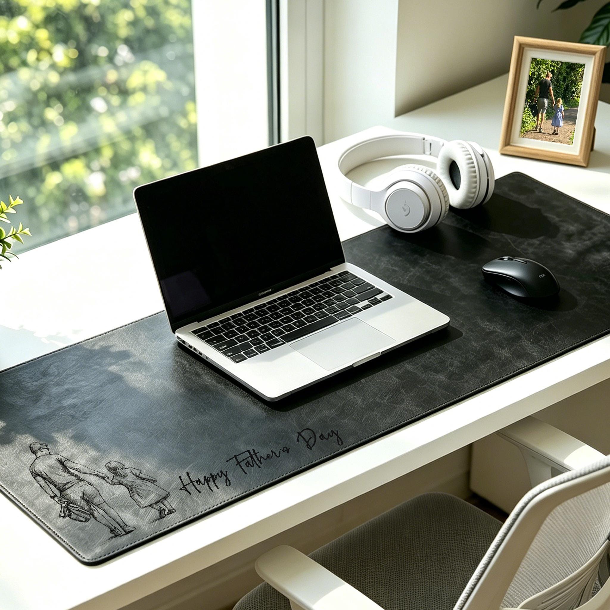 Personalized Dad We Love You Custom Photo Sketch Line Art Desk Mat, Father's Day Gift for Husband, Daddy & Kid Picture Desk Pad Mouse Mat
