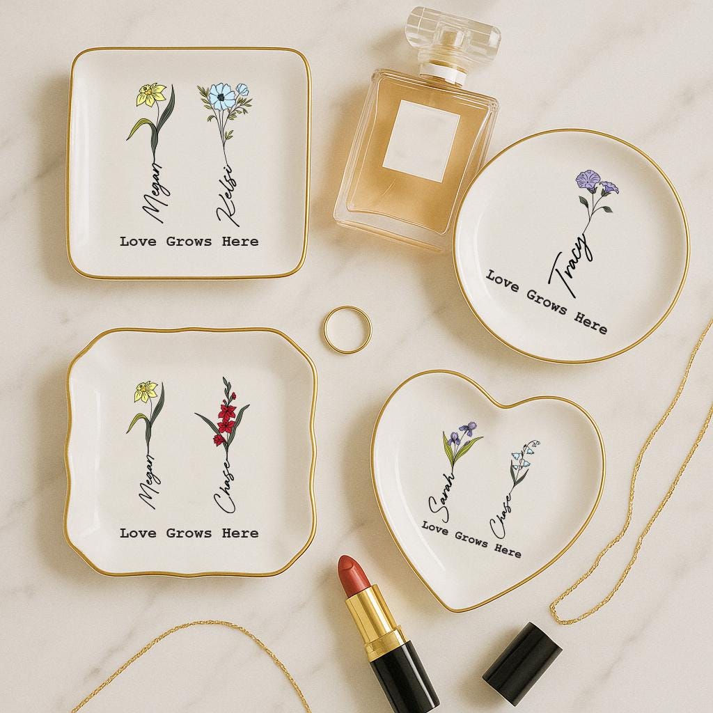 Personalized Birth Flower Ceramic Jewelry Dish_ Custom Trinket Gift - Etsy,ring Holder Dish,wedding Bridesmaid Gift