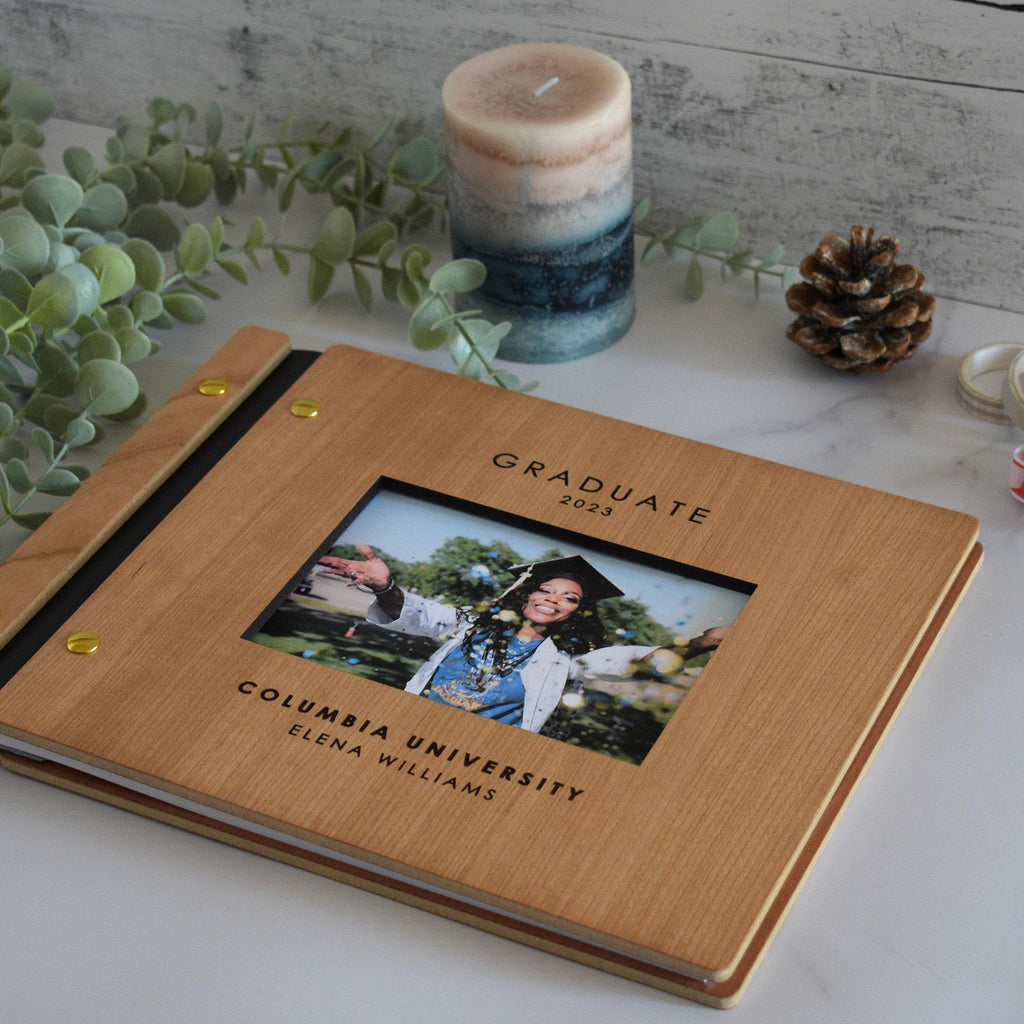 Personalized Graduation Photo Album with Picture Window, Custom Wooden Book Binder, Class of 2025 Gift, Graduate Memory Book