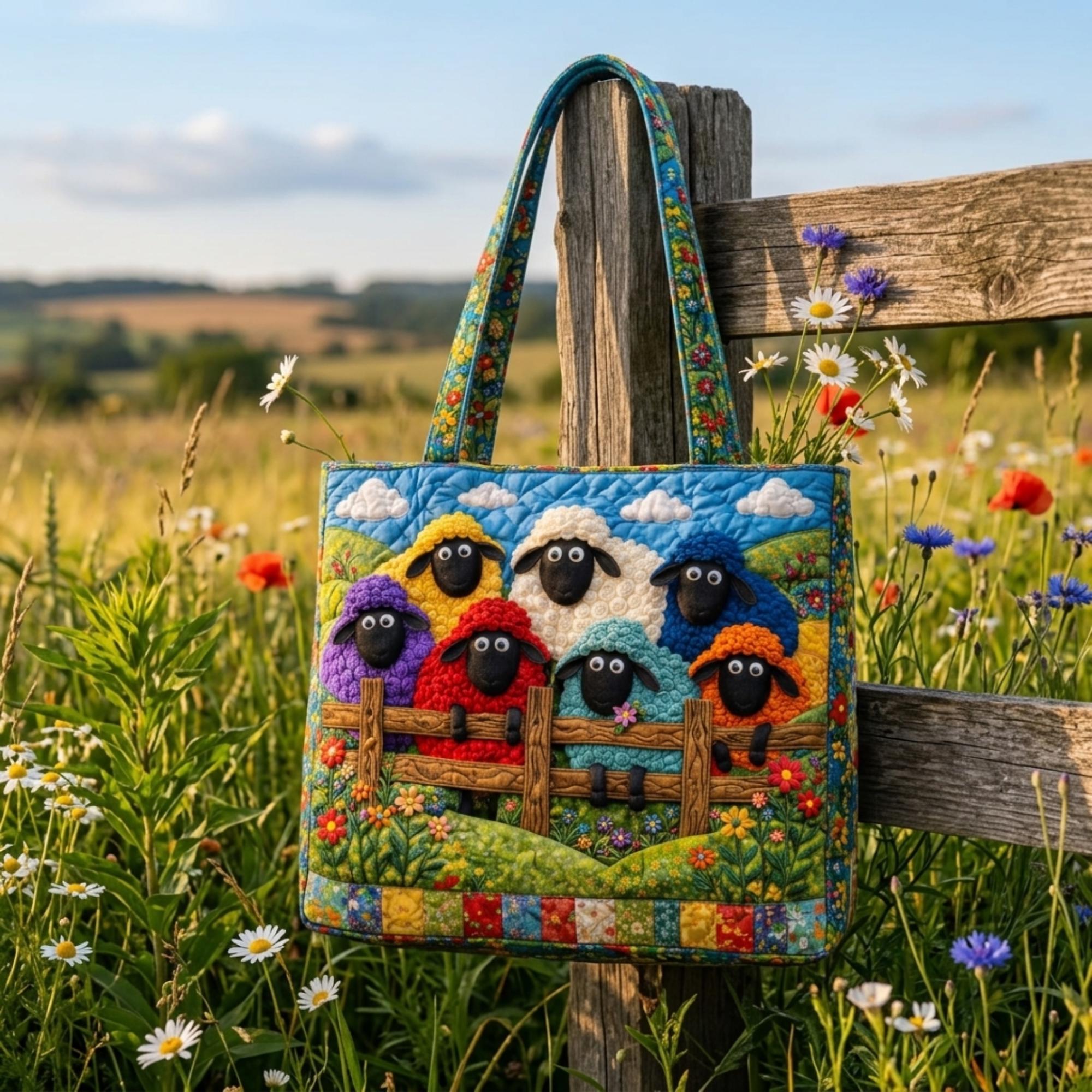 Colorful Sheep Quilted Tote Bag, Farm Animal Patchwork Handbag, Cottagecore Fabric Shoulder Bag