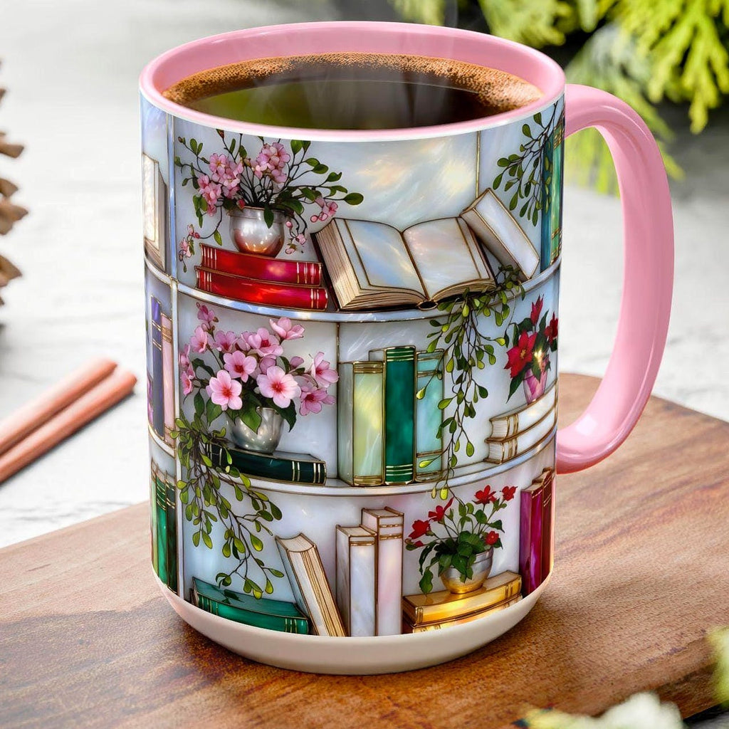 Stained Glass Style Bookshelf Mug, Colorful Floral Book Mug, Book Lover Gift. Elegant Reading Mug, Gift Mug – Thoughtful Design for Coffee Lovers