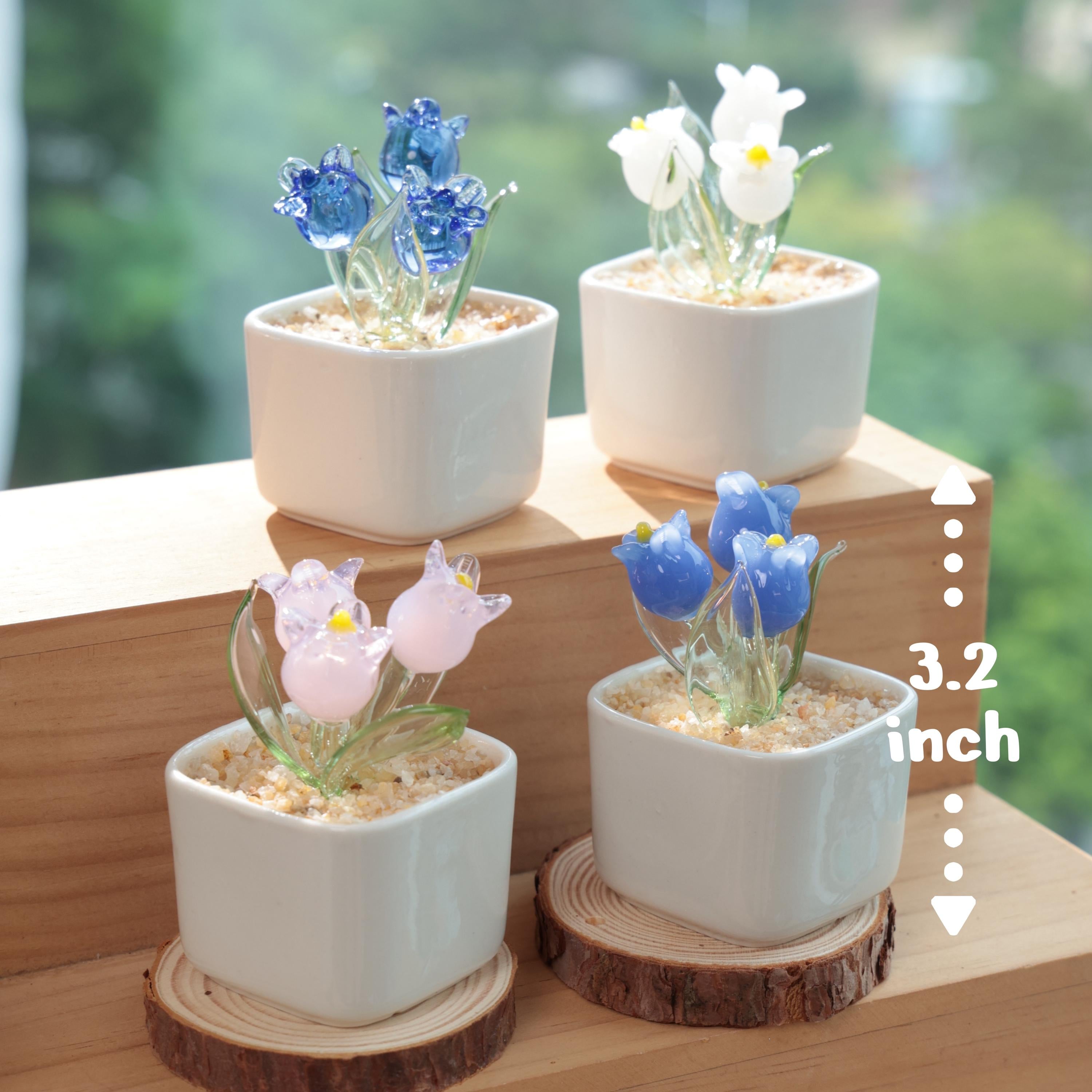 Hand Blown Glass Potted Plants – White, Pink & Blue Glass Tulip Figurines, Mini Flower Decor, Unique Handmade Gift