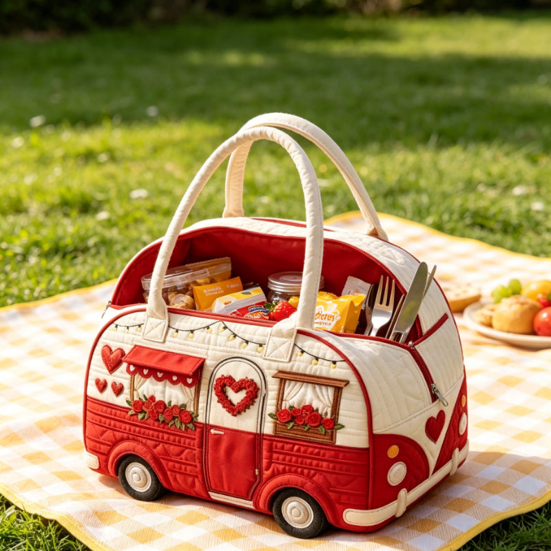 Valentine Van Large Capacity Duffle Bag, Red White RV Shaped Quilted Look Weekender Tote, Rose Print Travel Handbag for Women