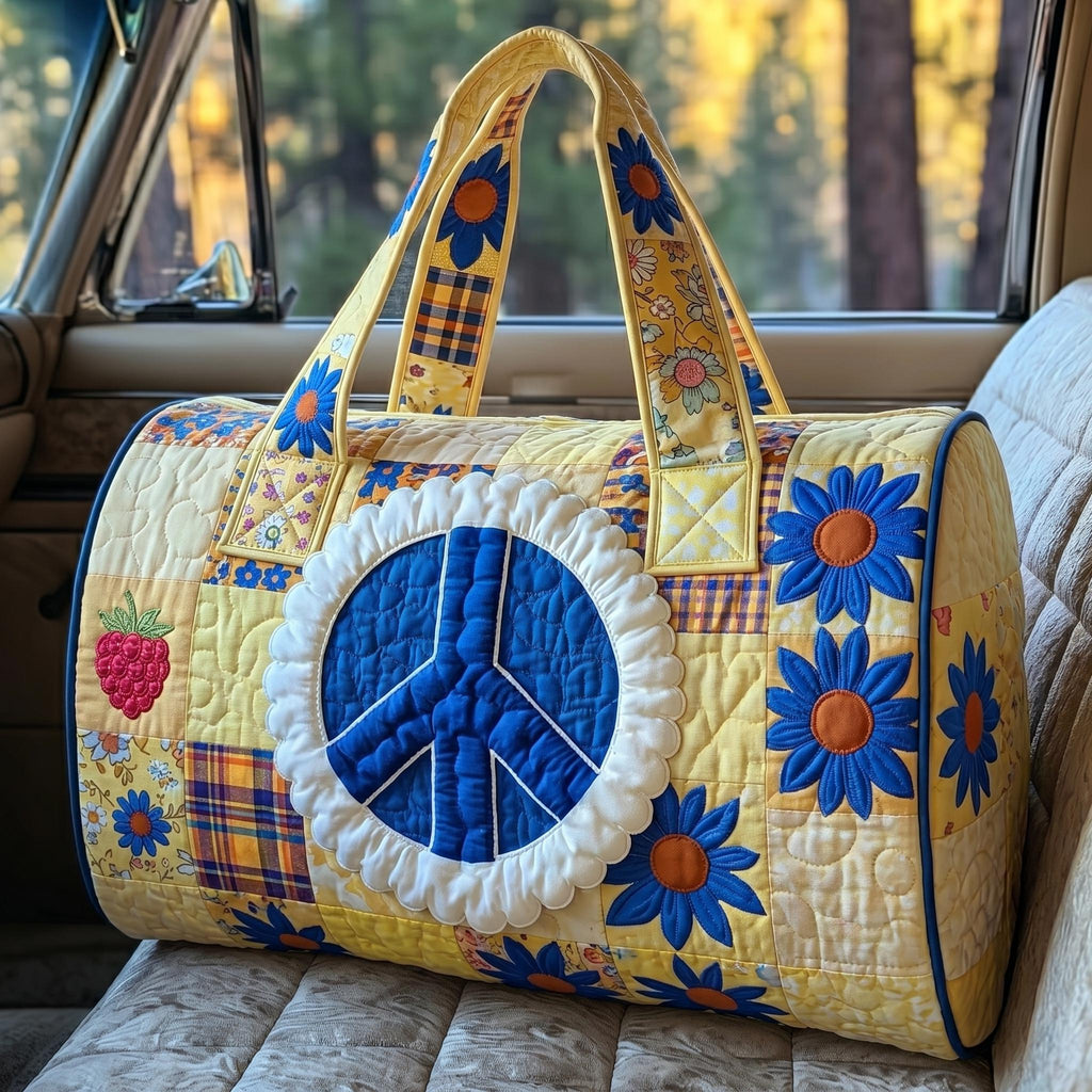 Peace Sign Quilted Duffle Bag, Retro Floral Weekender Bag, Hippie Travel Tote, Boho Overnight Bag, Groovy Traveler Gift
