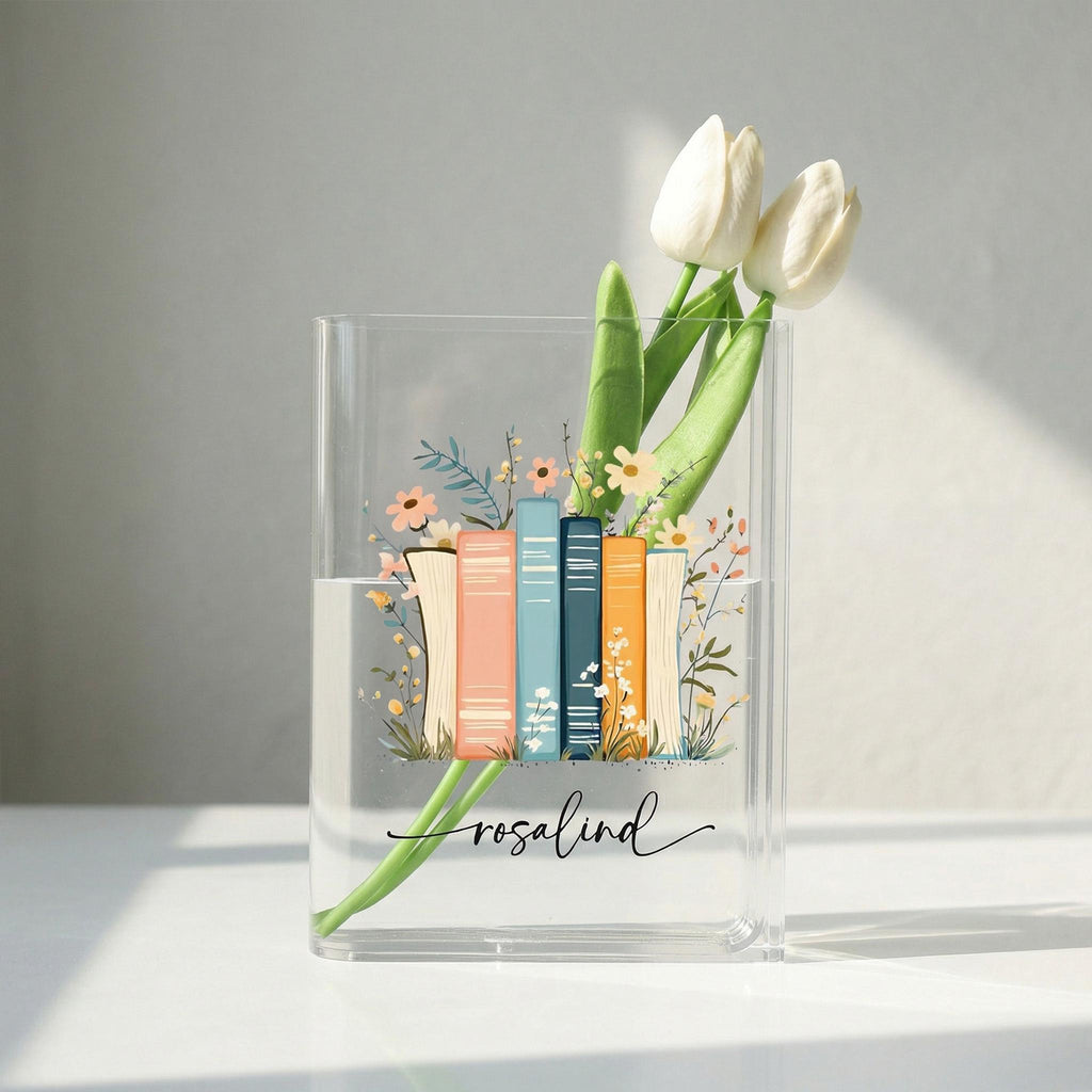 Colorful Book Stack Acrylic Book Vase, Floral Bookshelf Bookish Vase, Floral Book Shaped Vase, Flowers and Books,custom Gift for Book Lovers
