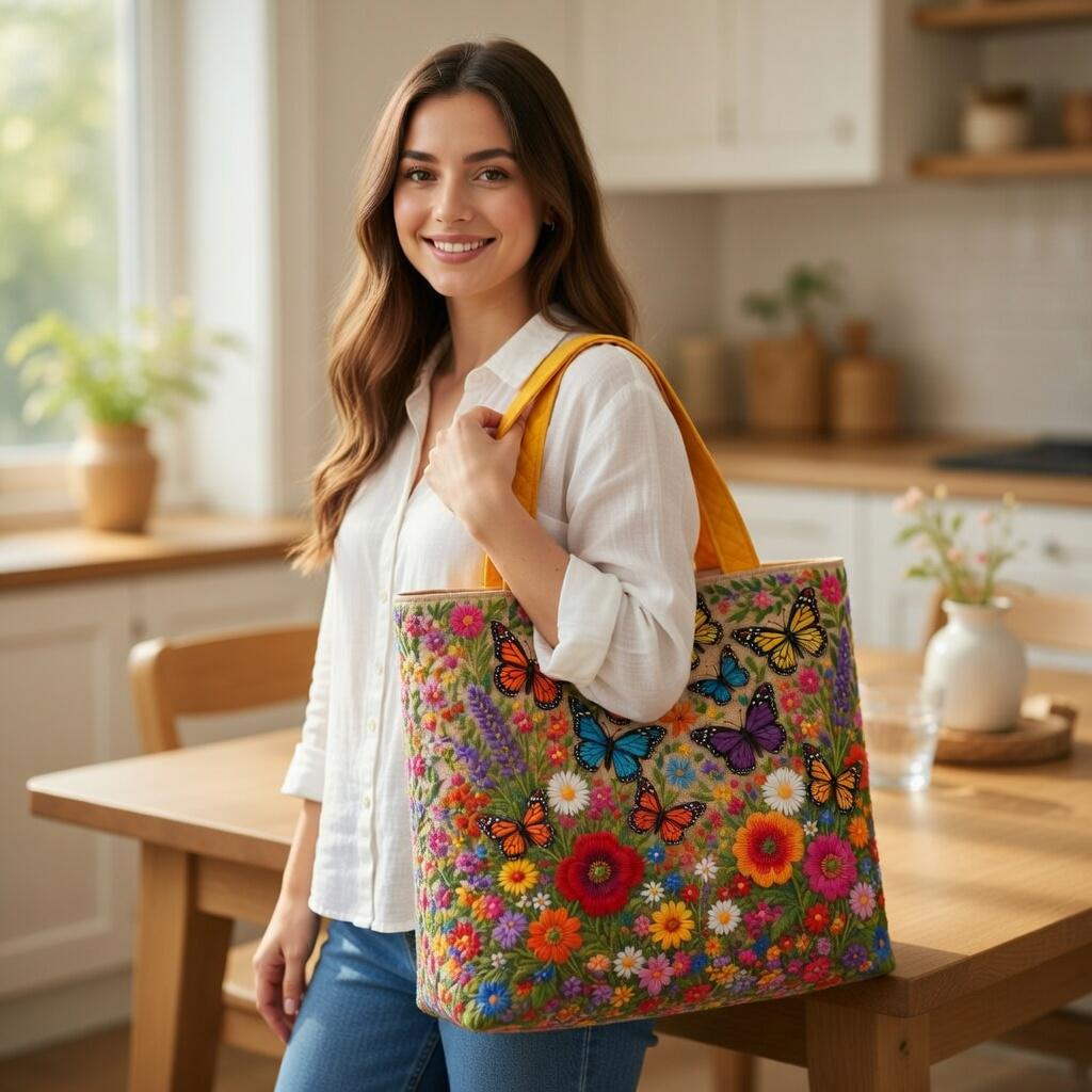 Butterfly Floral Tote Bag, Quilted Flower Handbag, Colorful Garden Tote, Aesthetic Shoulder Bag, Gift for Her