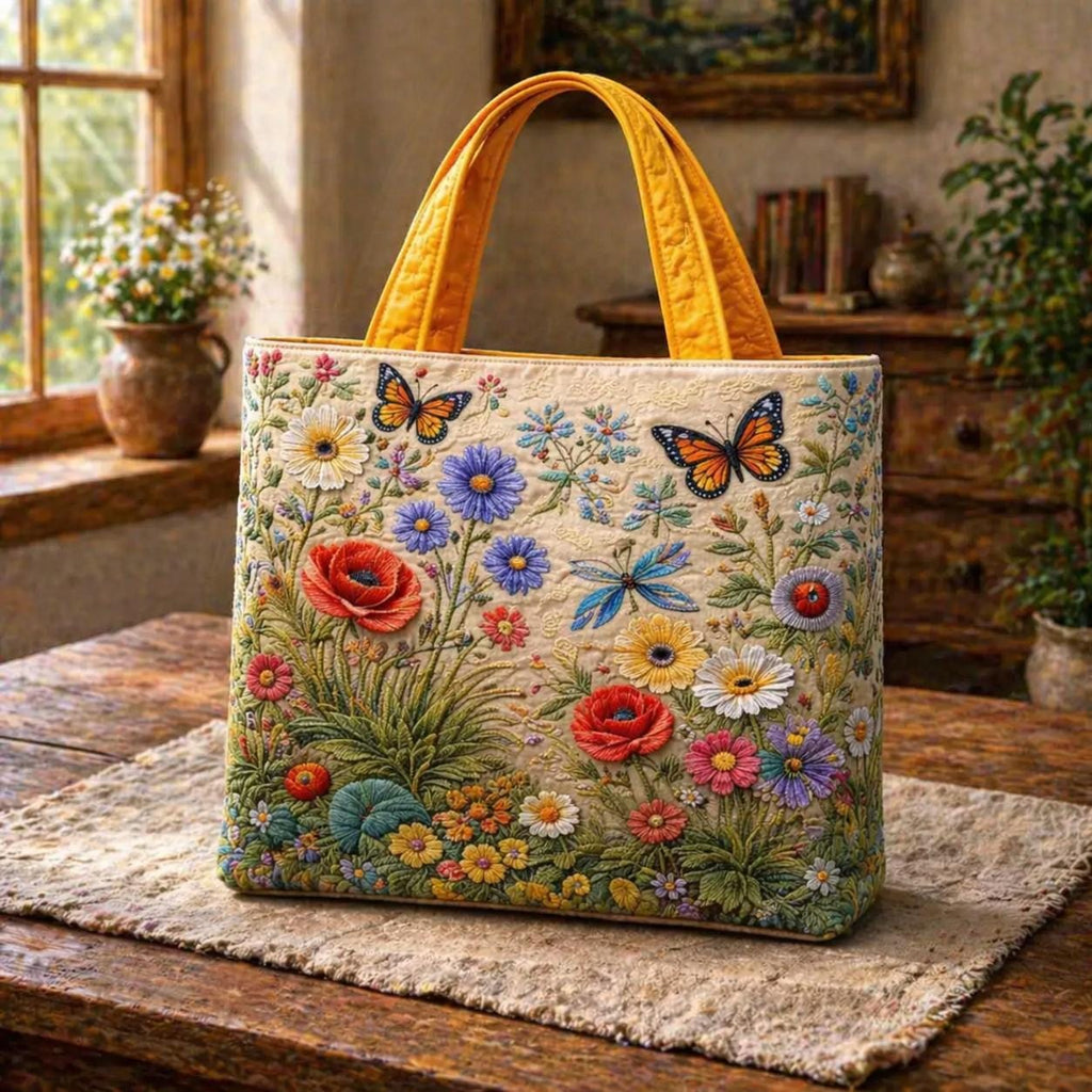 Quilted Tote Bag Floral Garden Design, Cottagecore Shoulder Bag, Large Capacity Everyday Bag, Gift for Her, Vintage Style Tote