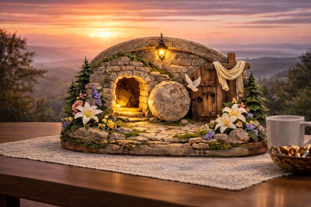 Easter Resurrection Tomb Wooden Block, Christian Tabletop Decor, Empty Grave Scene, Religious Home Easter Decoration