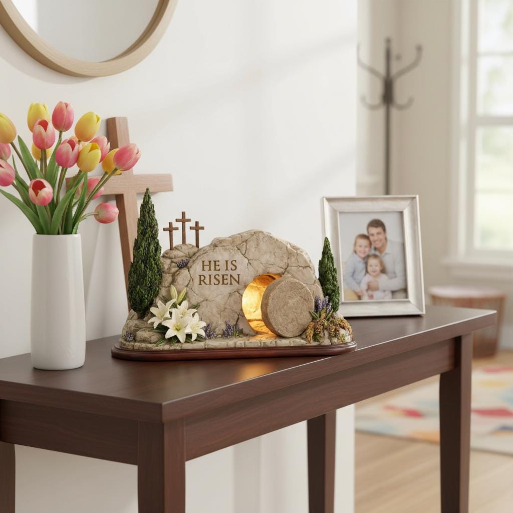 He is Risen Empty Tomb Wooden Block, Resurrection Scene, Religious Easter Gift, Christian Home Decor, Bible Verse Sign, Church Display Art