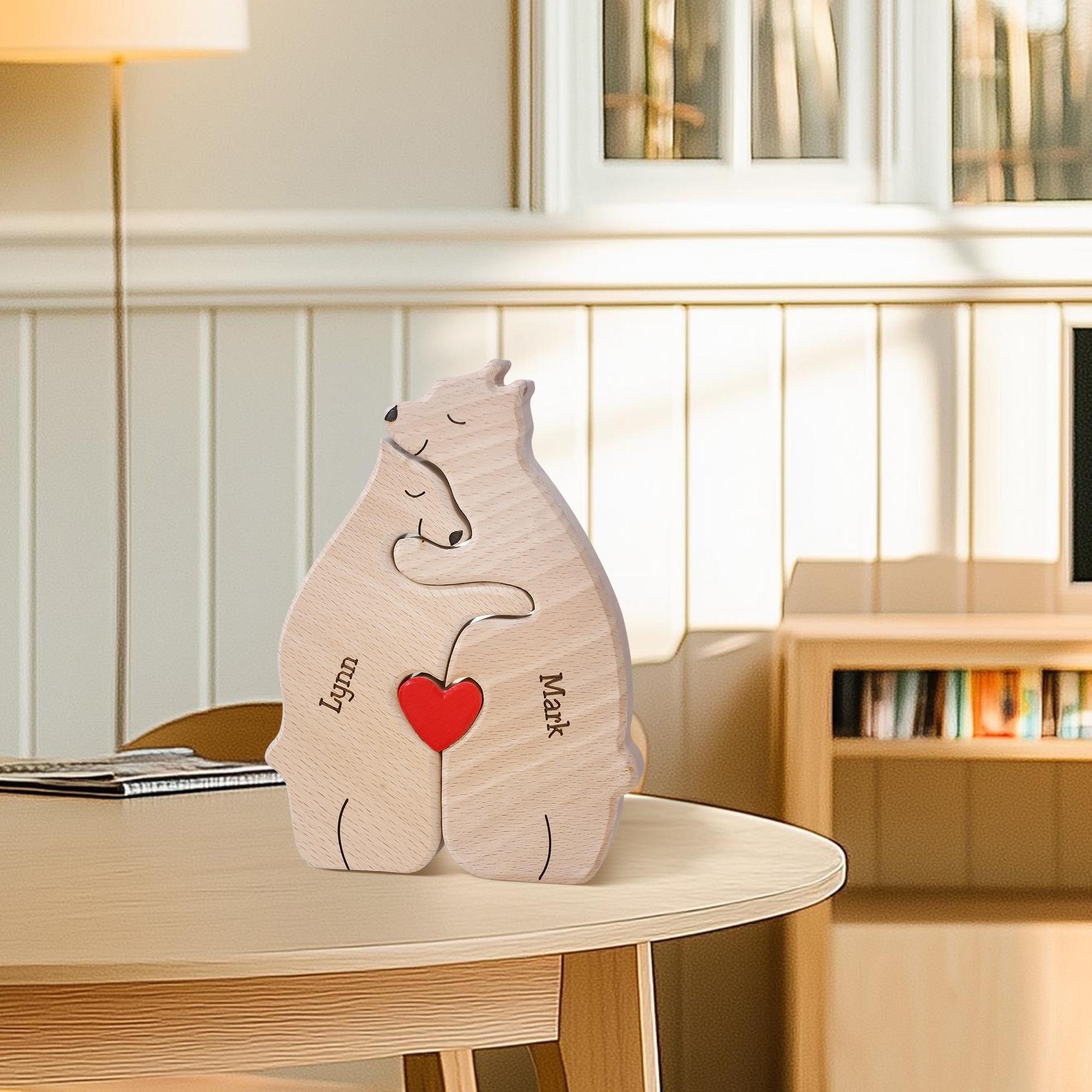 Wooden Bear Family Jigsaw Puzzle, Custom Bear Figurines, Engraved Family Name Keepsake, Parents Anniversary Gift, Christmas Bear Ornament