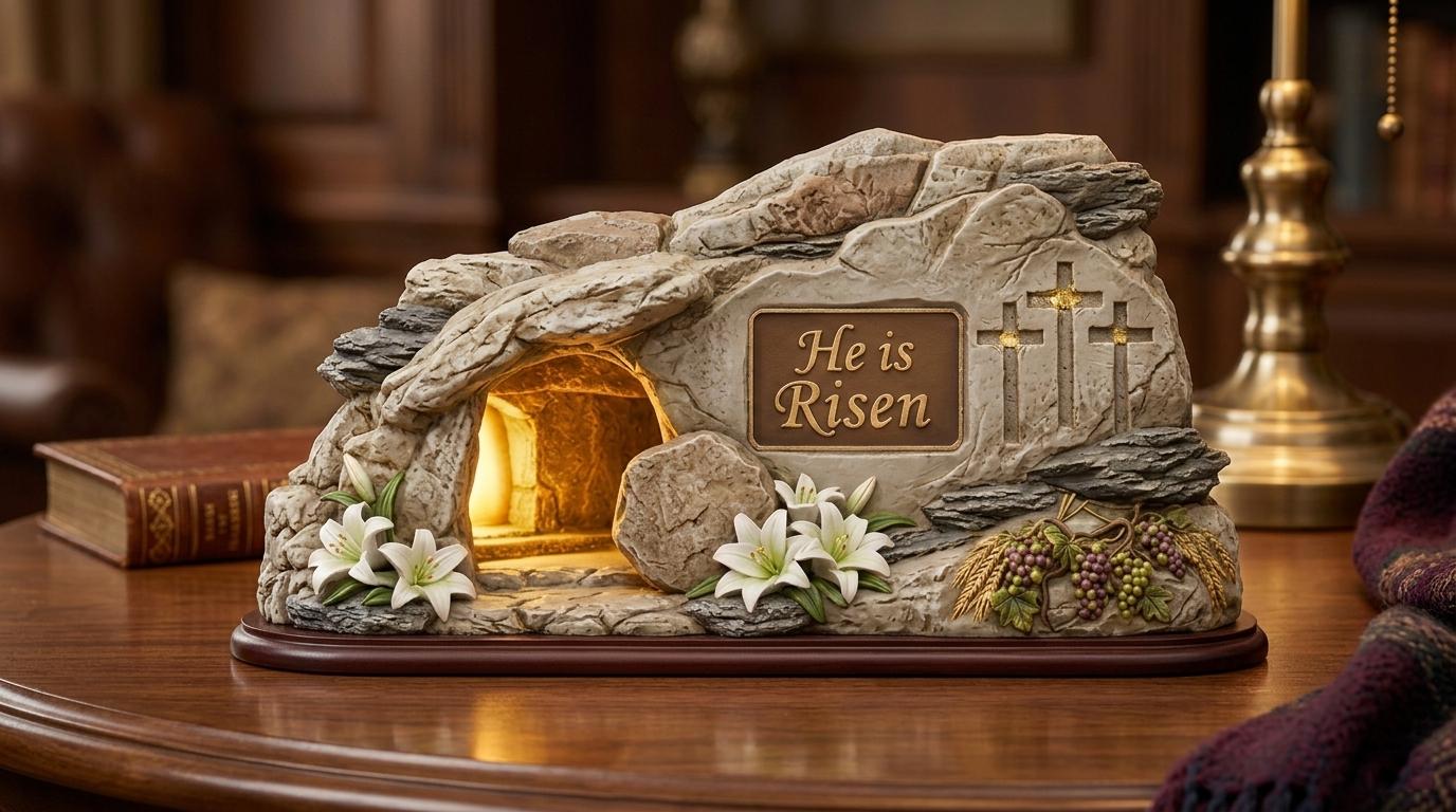 He is Risen Resurrection Tomb Statue - Elegant Christian Easter Home Decor - Lighted Religious Shelf Decor - Easter Celebration Gift