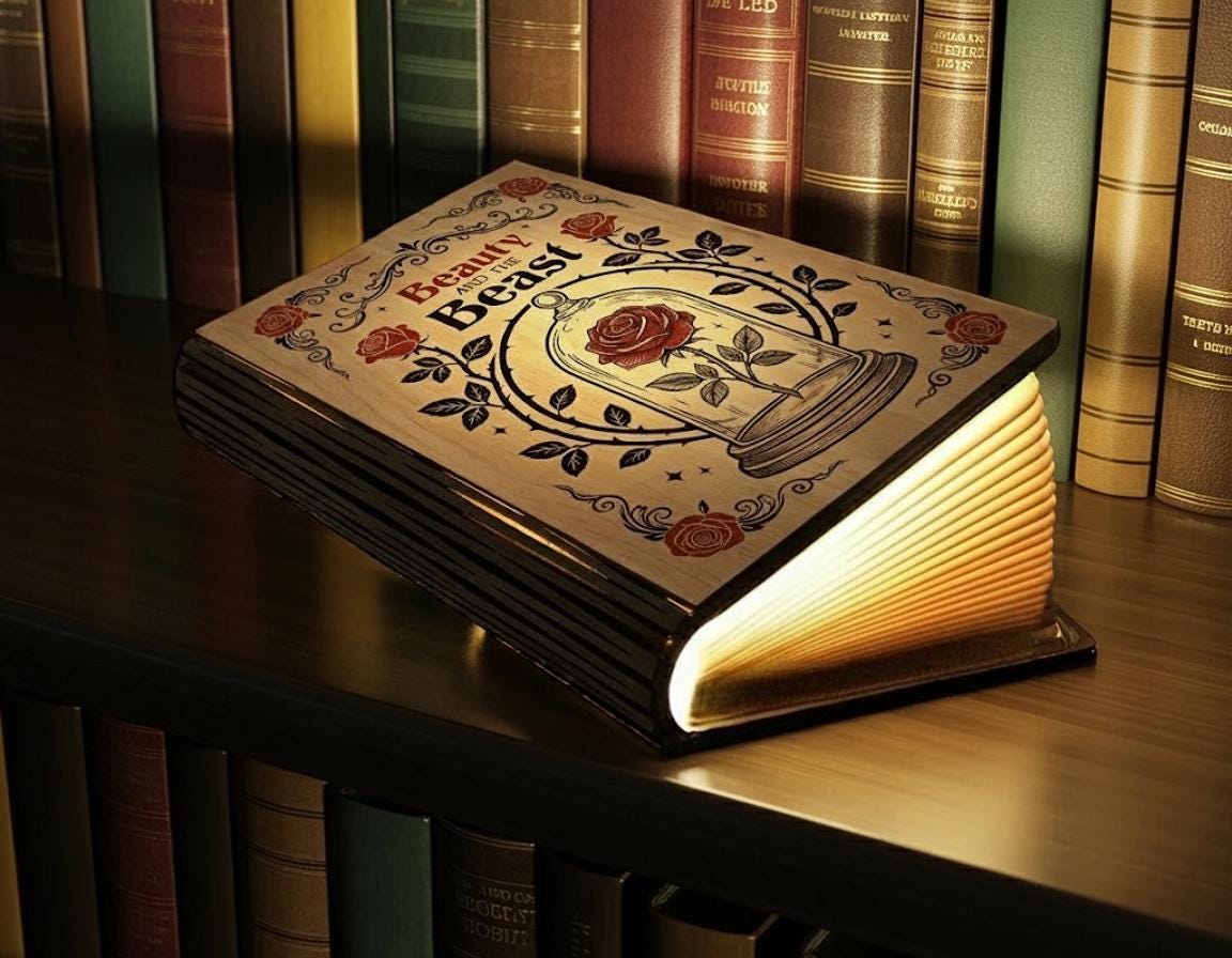 Beauty and the Beast Book Lamp, Disney Enchanted Rose Folding LED Light, Tale as Old as Time Reading Lamp, Disney Fairytale Night Light