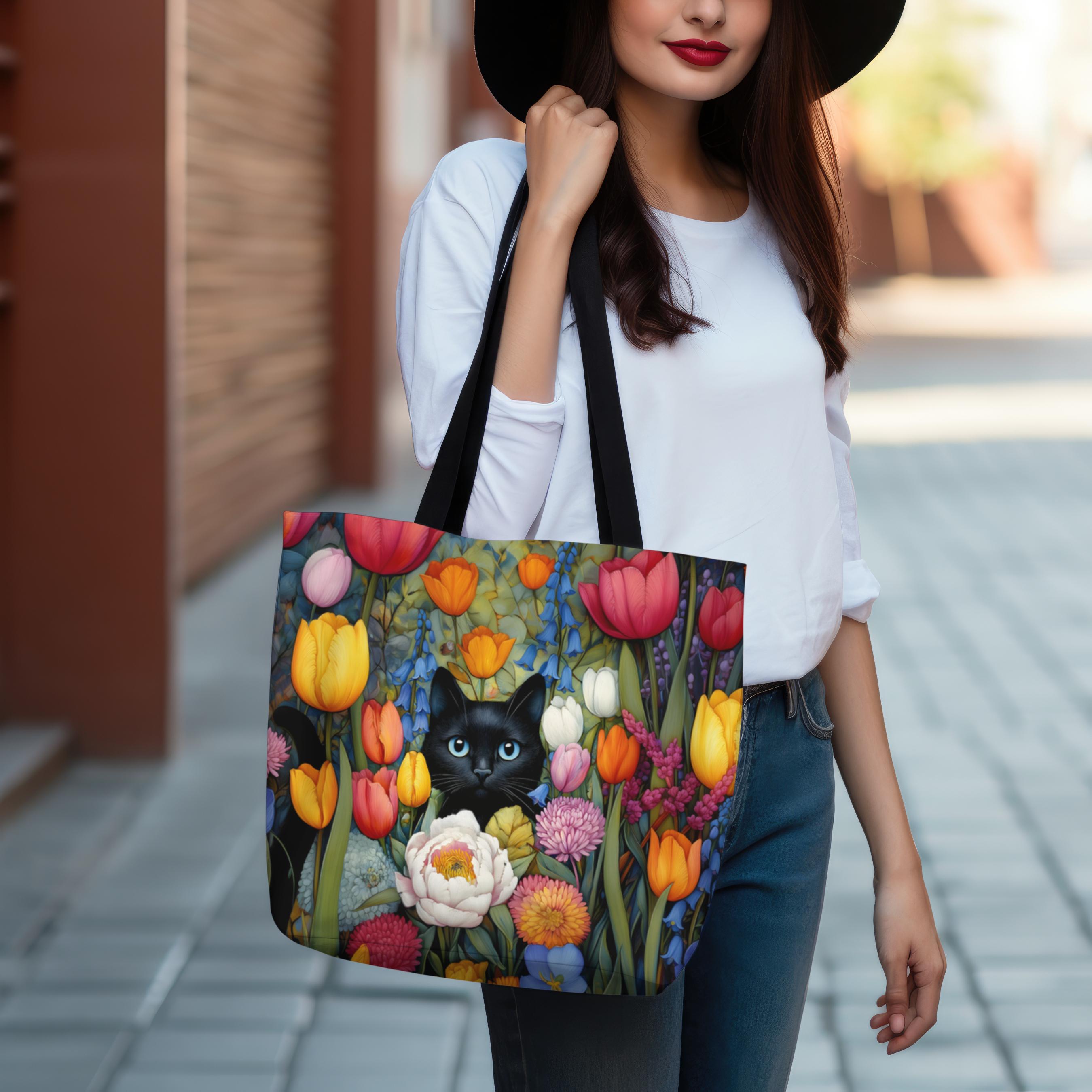 Black Cat Floral Tote Bag With Colorful Spring Flowers, Reusable Shoulder Bag for Cat Lovers