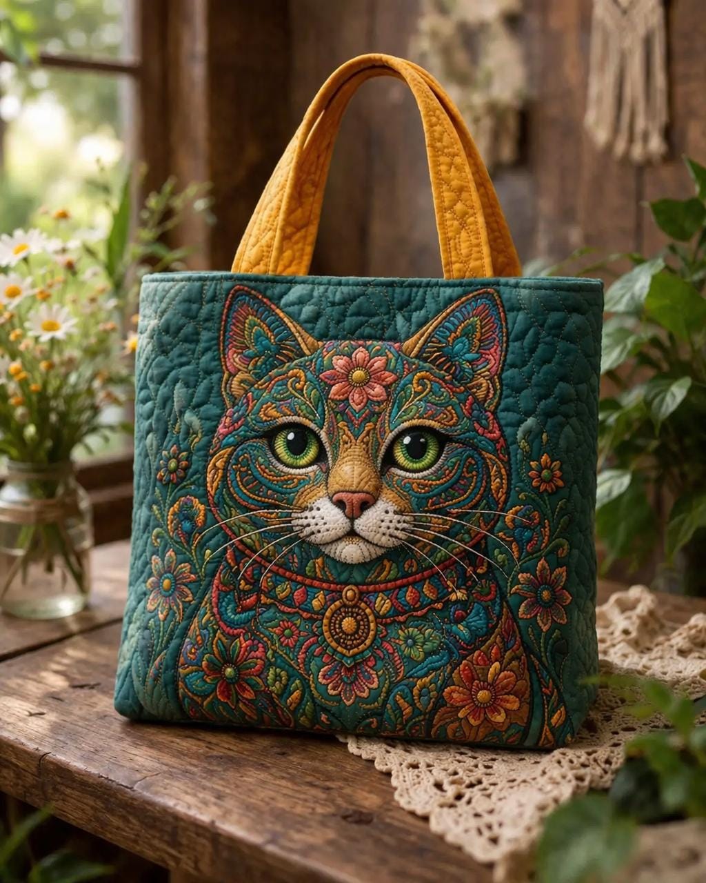 Colorful Cat Floral Quilted Tote Bag, Boho Cat Lover Tote, Cottagecore Patchwork Tote Bag, Handmade Style Bag, Gift for Her