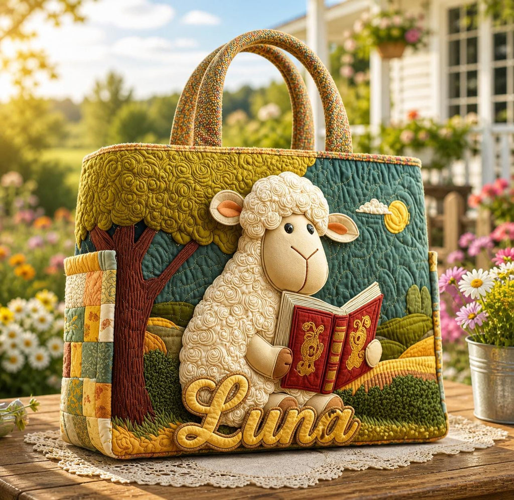 Personalized Bookish Sheep Quilt Tote Bag, Custom Bookworm Sheep Tote, Cute Farm Animal Bag, Quilted Shoulder Bag, Handbag for Book Lover