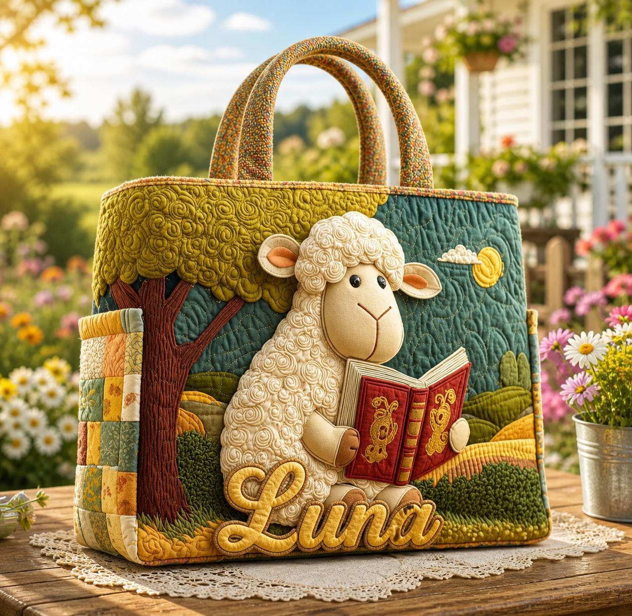 Personalized Bookish Sheep Quilt Tote Bag, Custom Bookworm Sheep Tote, Cute Farm Animal Bag, Quilted Shoulder Bag, Handbag for Book Lover