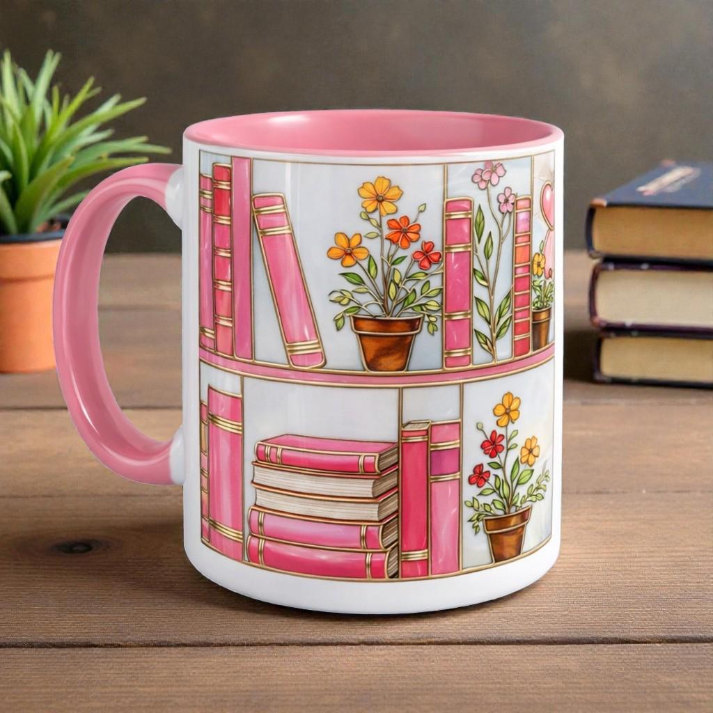 Custom Flower Books Ceramic 11oz Mug, Print Faux Stained Glass Bookshelf Mug, Book Lover Coffee Cup, Aesthetic Bookish Mug, Book Reader Gift
