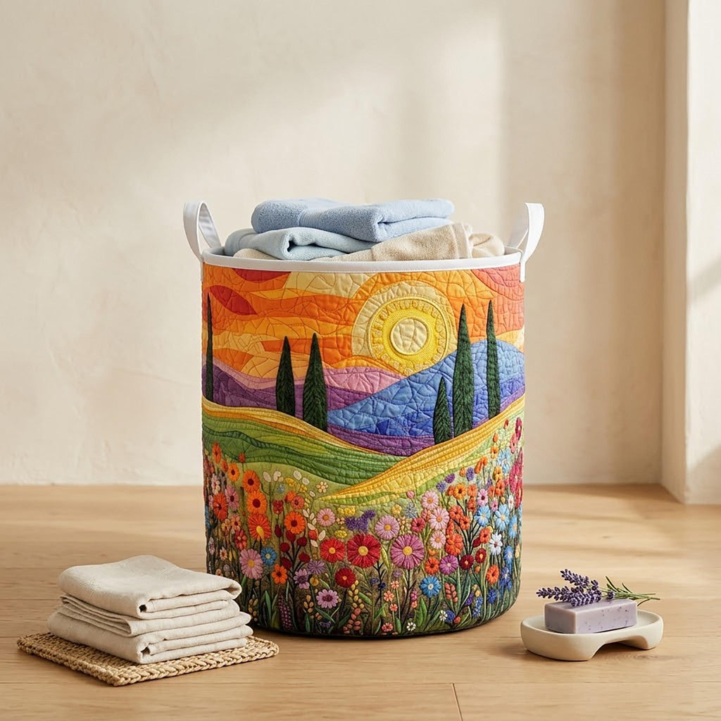 Daybreak Flower Field Quilted Laundry Basket_ Sunrise Meadow Hamper, Floral Hill Storage Bin