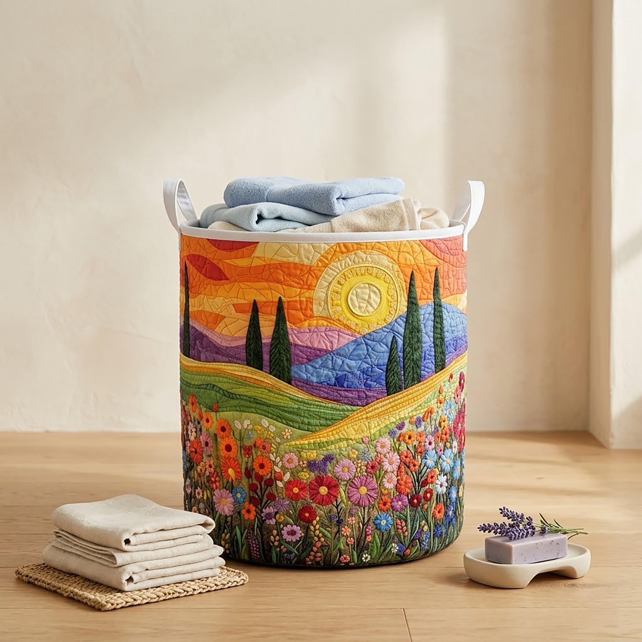 Daybreak Flower Field Quilted Laundry Basket_ Sunrise Meadow Hamper, Floral Hill Storage Bin