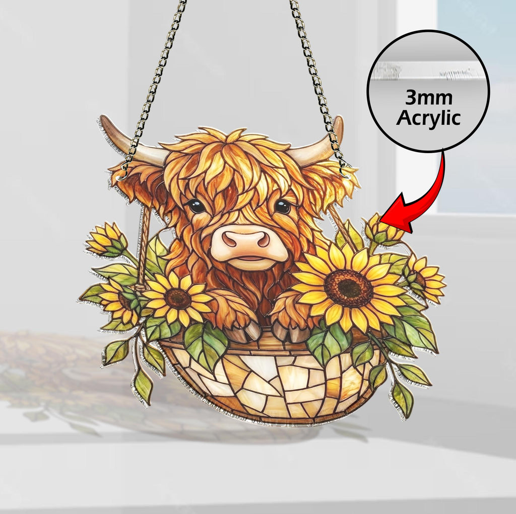 Sunflower Highland Cow Suncatcher, Whimsical Window Decor, Farm Animal Window Hanging, Country Farmhouse Decor, Cow Lover Gift, Baby Gift