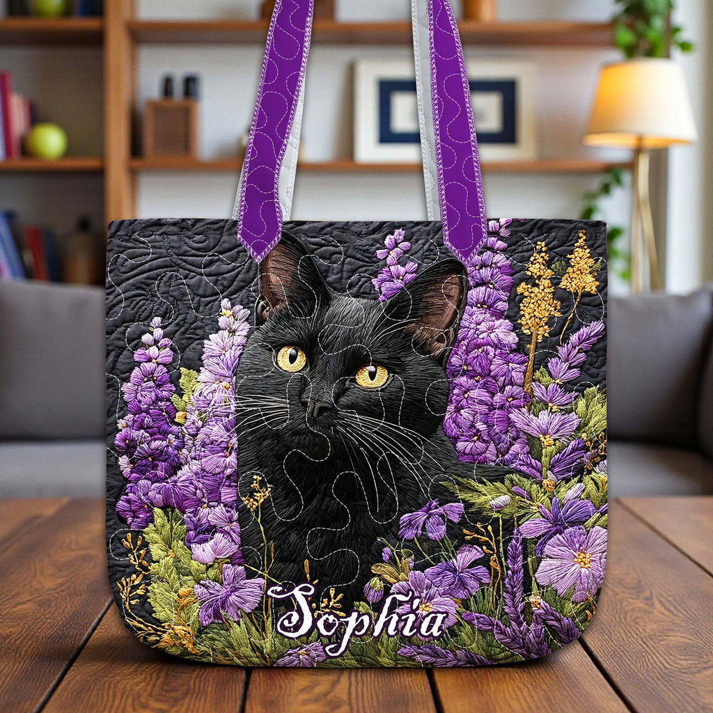 Personalized Black Cat Quilted Tote Bag, Custom Name Floral Cat Design, Purple Garden Quilt Art Tote, Unique Gift for Cat Lovers