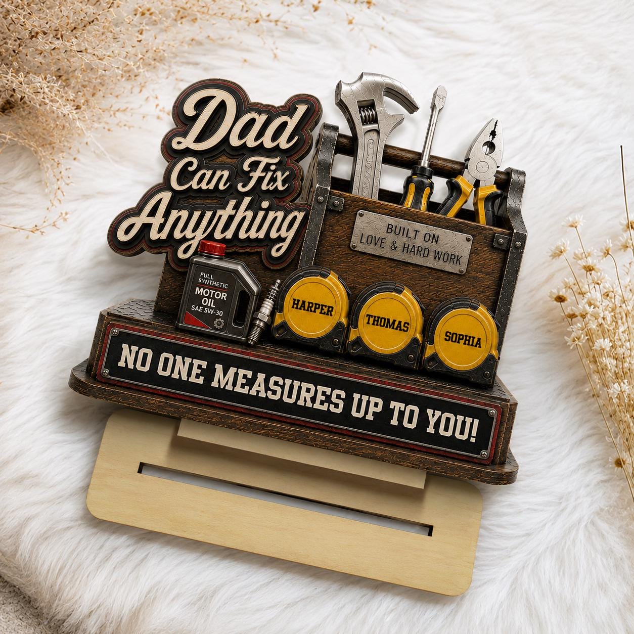 Personalized Dad Can Fix Anything Wooden Plaque – Custom Name 2D Flat Layered Sign for Dad – Father’s Day Gift From Kids, Mechanic Dad Decor