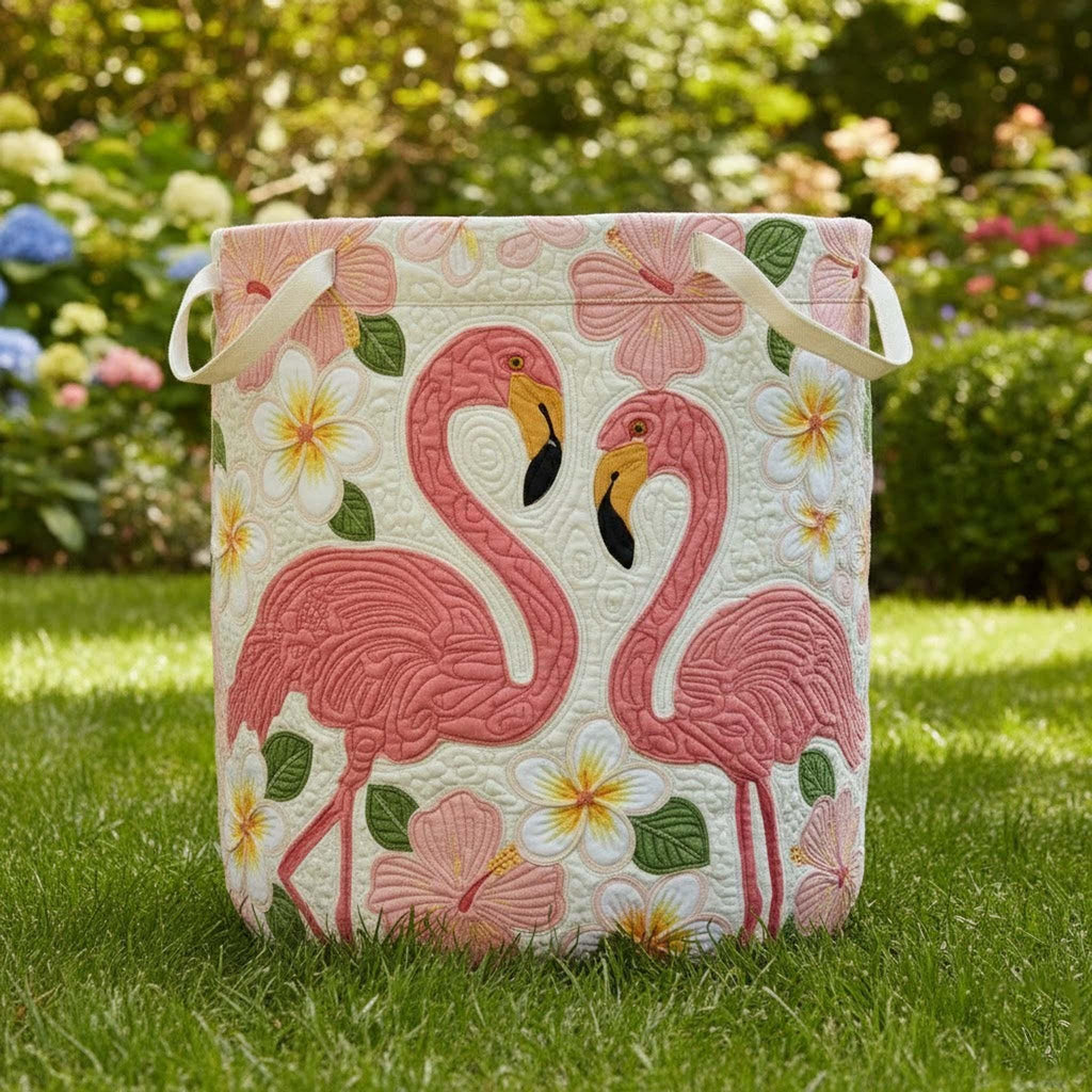 Pink Flamingo Quilted Laundry Basket, Tropical Floral Storage Bin, Quilted Flamingo Laundry Basket