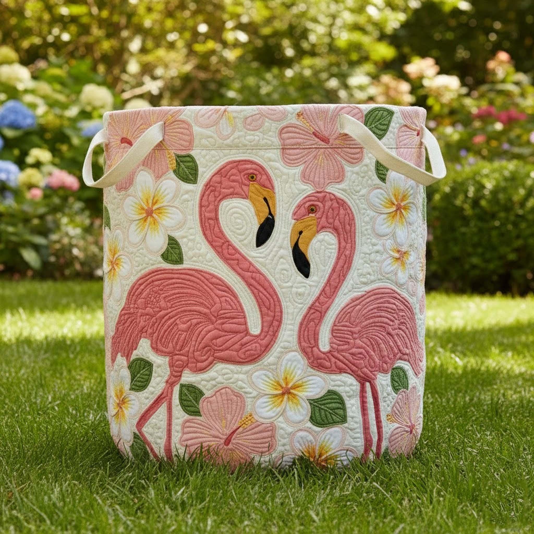 Pink Flamingo Quilted Laundry Basket, Tropical Floral Storage Bin, Quilted Flamingo Laundry Basket