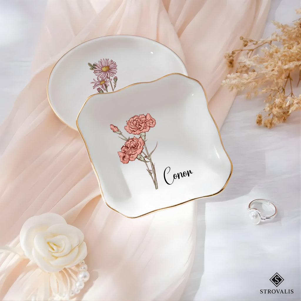Personalised Birth Flower Trinket Dish, Custom Watercolor Flower Ring Dish, Wedding Bridesmaid Gift, Birthday Jewelry Dish, Christmas Gifts