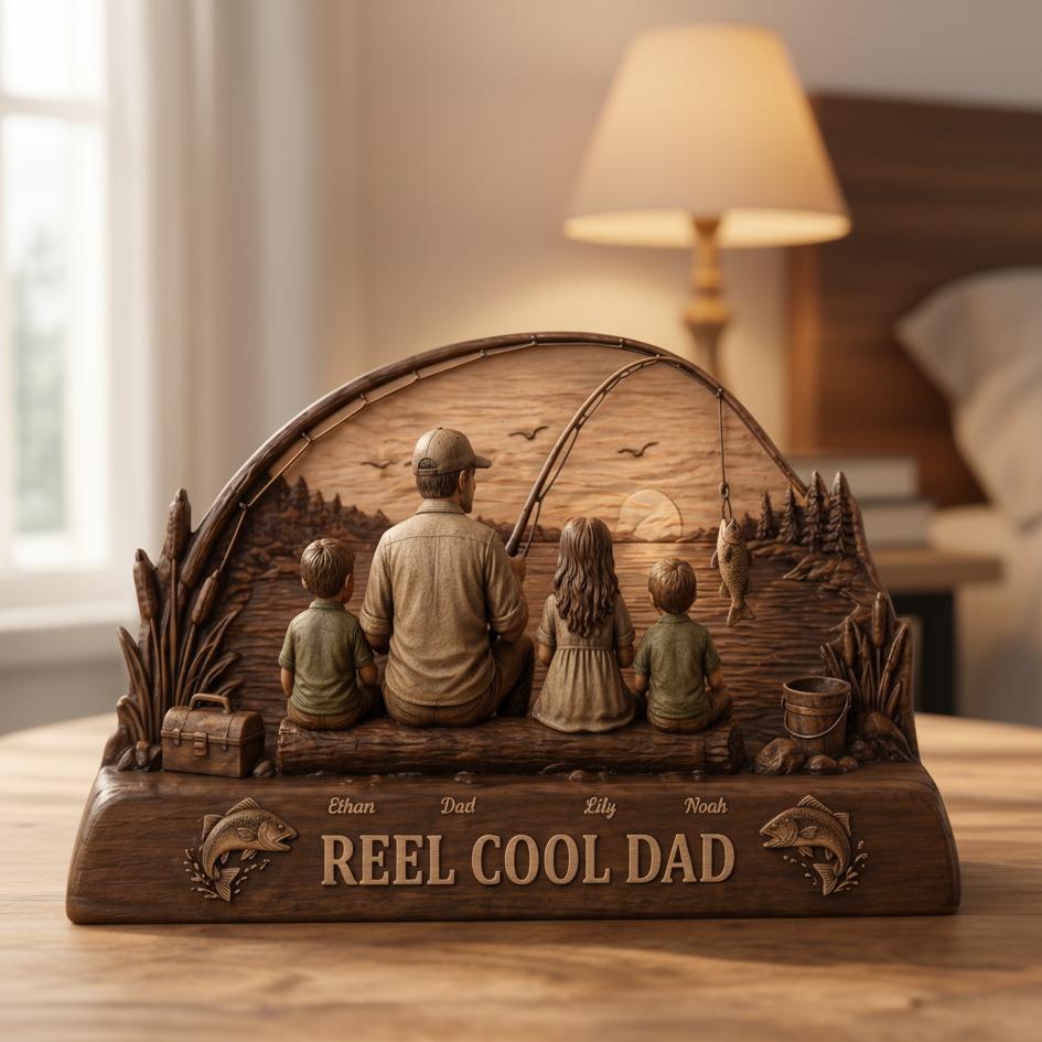 Personalized Reel Cool Dad Fishing Lover Wooden Sculpture Custom Kid Name Father's Day 2D Flat Block Fishing Dad Gift Idea for New Dad Decor