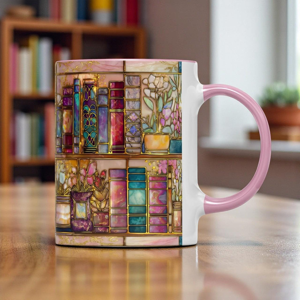 Printed Faux Stained Glass Bookshelf Mug, Book Lover Coffee Cup, Floral Library Art Mug, Reader Gift, Aesthetic Bookish Mug
