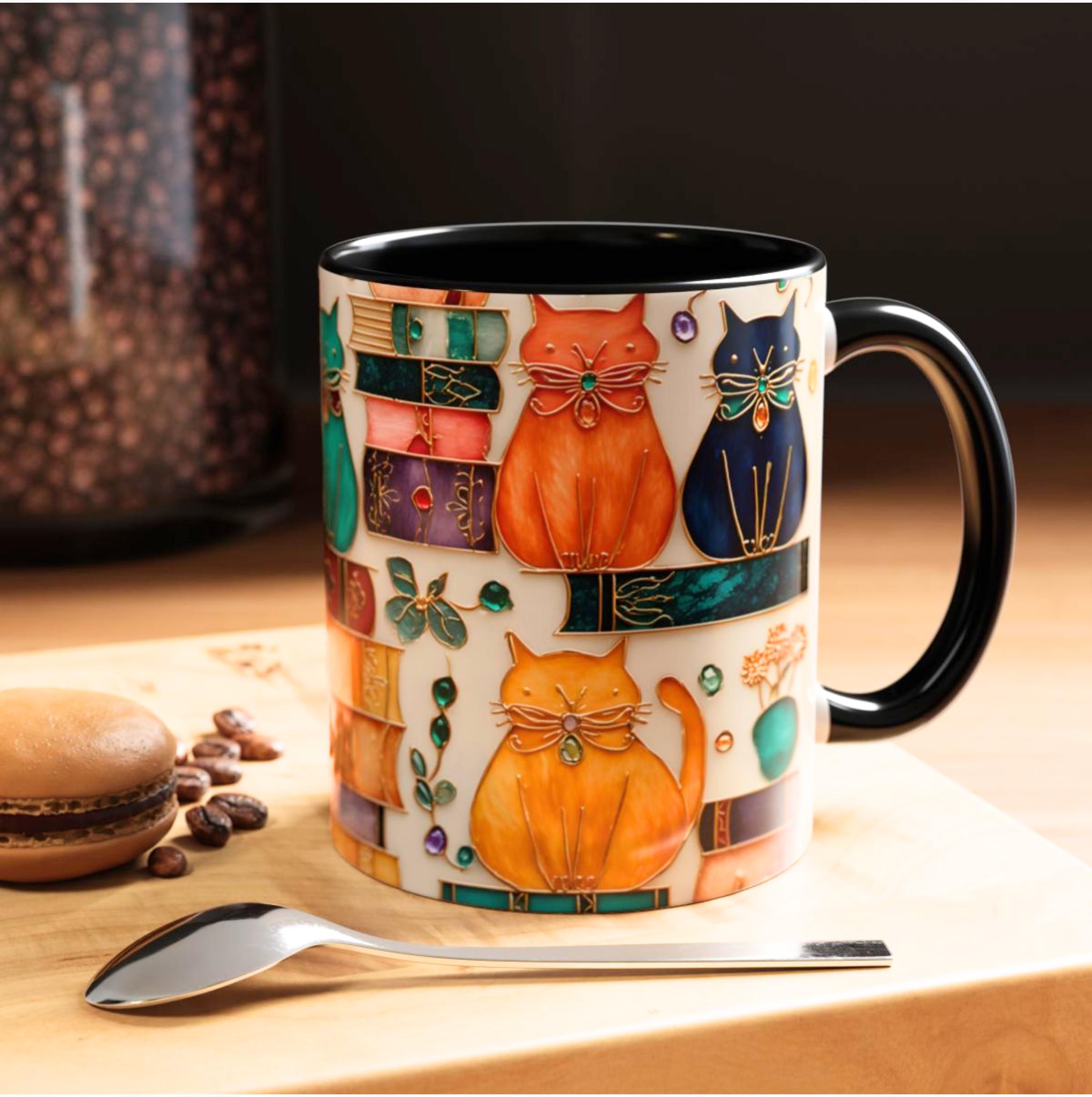 Stained Glass Look Cat Mug, Book Lover Ceramic Coffee Cup Bookish Cat Mom Gift
