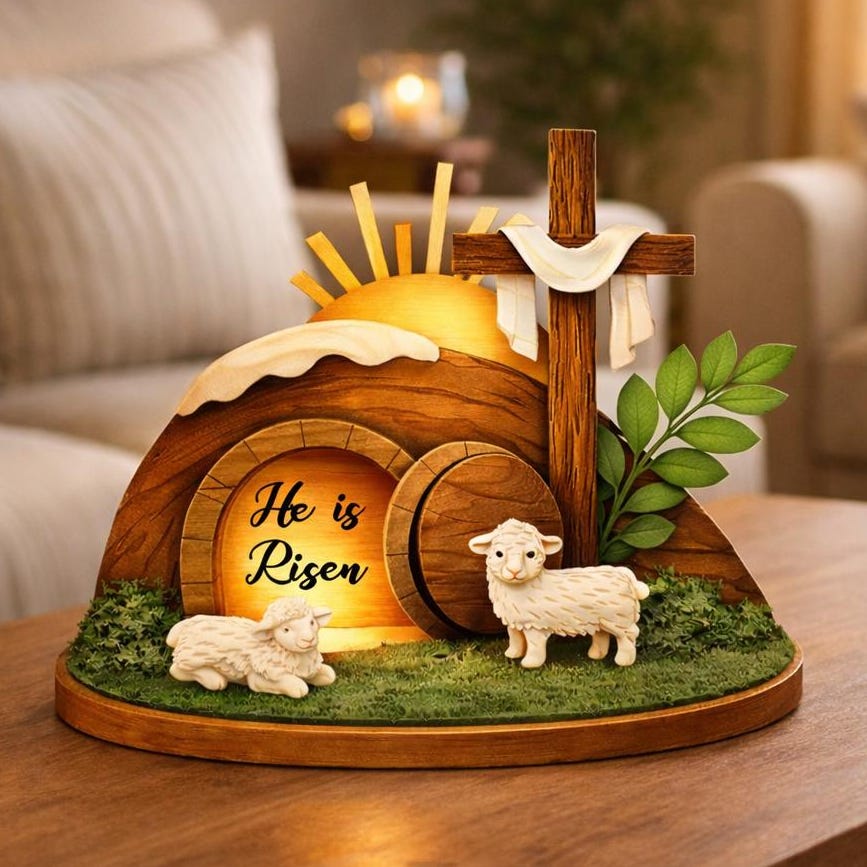 He is Risen 2D FLAT Wooden Standing Decor, Empty Tomb Resurrection Scene, Christian Easter Tabletop Display, Faith Home Shelf Art
