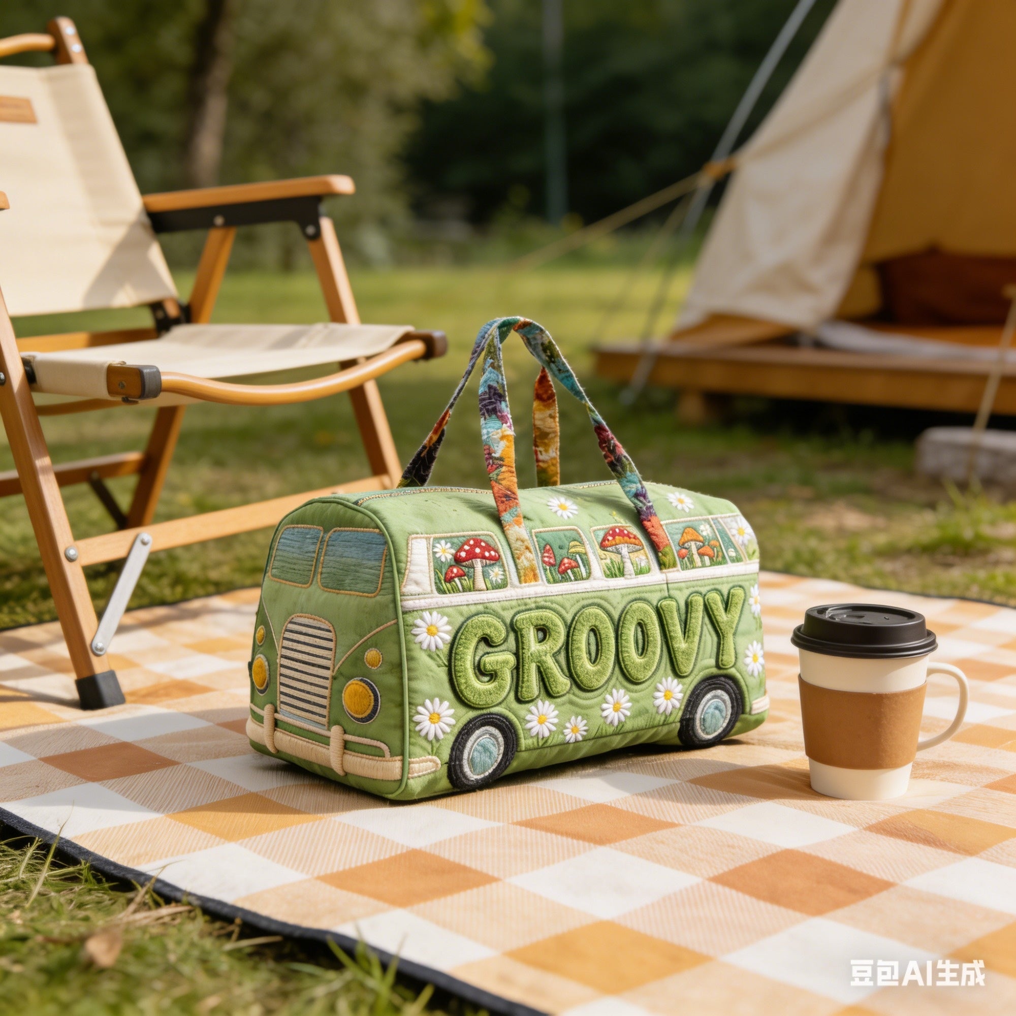 Cute Bus Duffle Bag for Women, Daisy Mushroom Print Travel Weekender Bag, Large Capacity Overnight Handbag