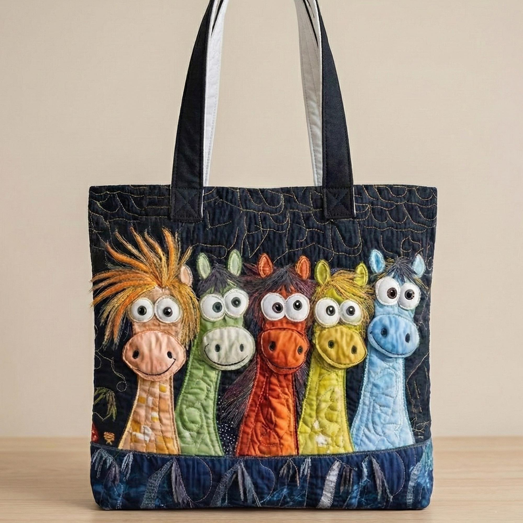 Colorful Horse Quilted Tote Bag – Artistic Horse Fabric Tote, Handmade Style Shoulder Bag
