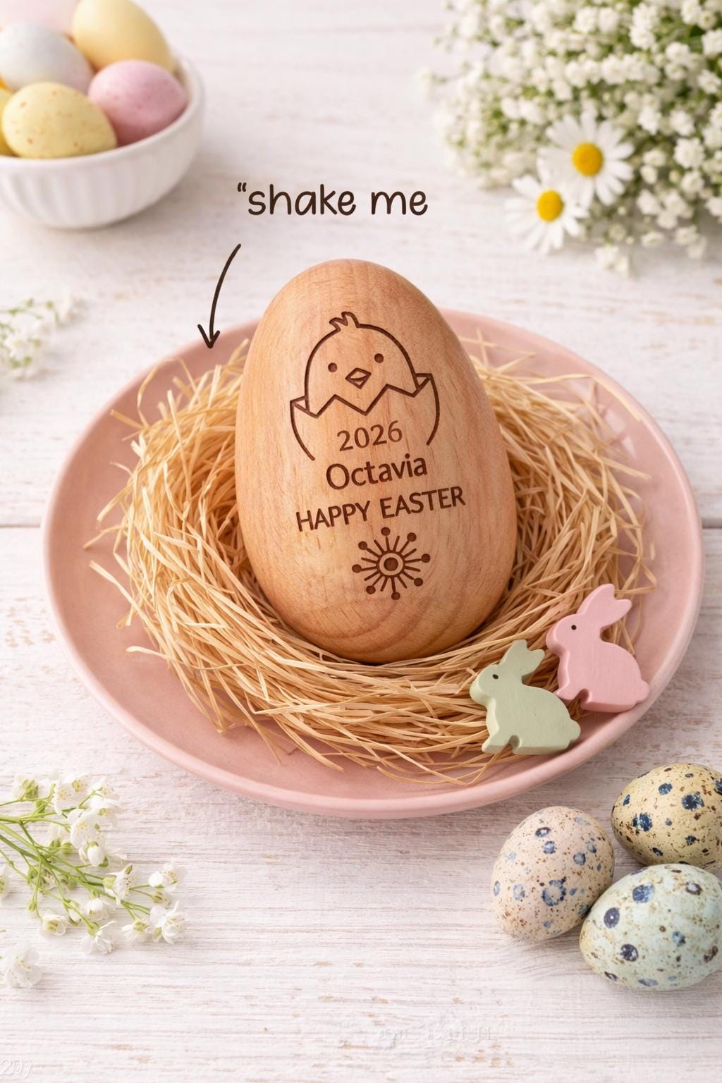 Personalized Wooden Easter Egg Shaker, Custom Baby First Easter 2026 Gift, Engraved Musical Egg for Toddlers, Montessori Wooden Toy