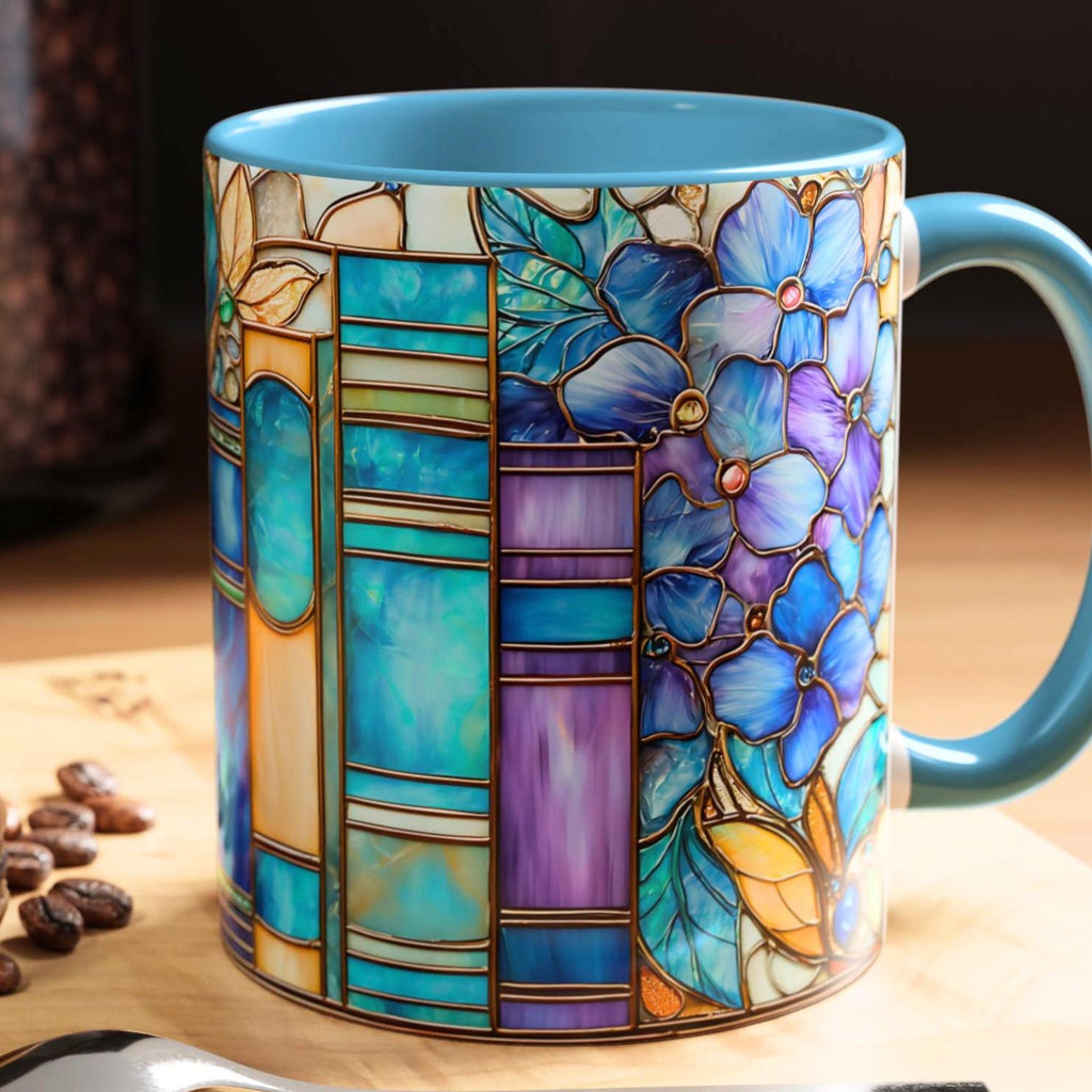 Floral Bookshelf Coffee Mug_ Faux Stained Glass Ceramic Bookish Cup Ceramic Drinkware Book Lovers