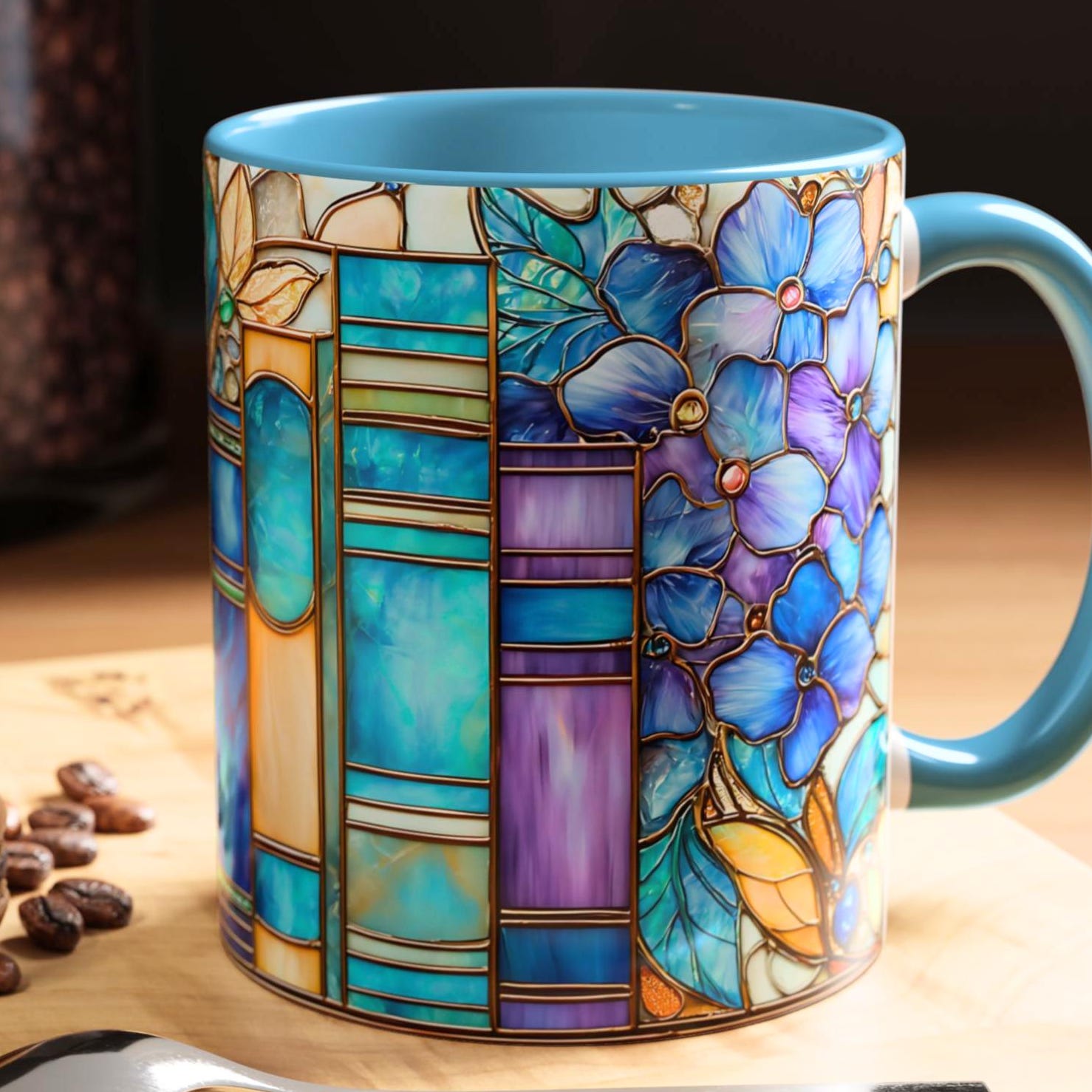 Floral Bookshelf Coffee Mug_ Faux Stained Glass Ceramic Bookish Cup Ceramic Drinkware Book Lovers