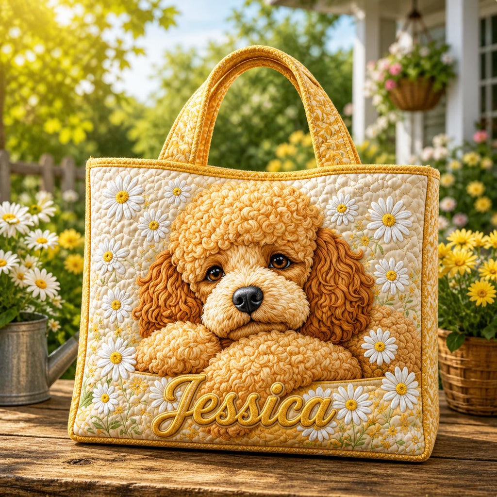 Personalized Daisy Poodle Quilted Tote Bag, Custom Name Poodle Dog Tote, Cute Pet Bag, Quilted Shoulder Bag, Handbag for Animal Lover
