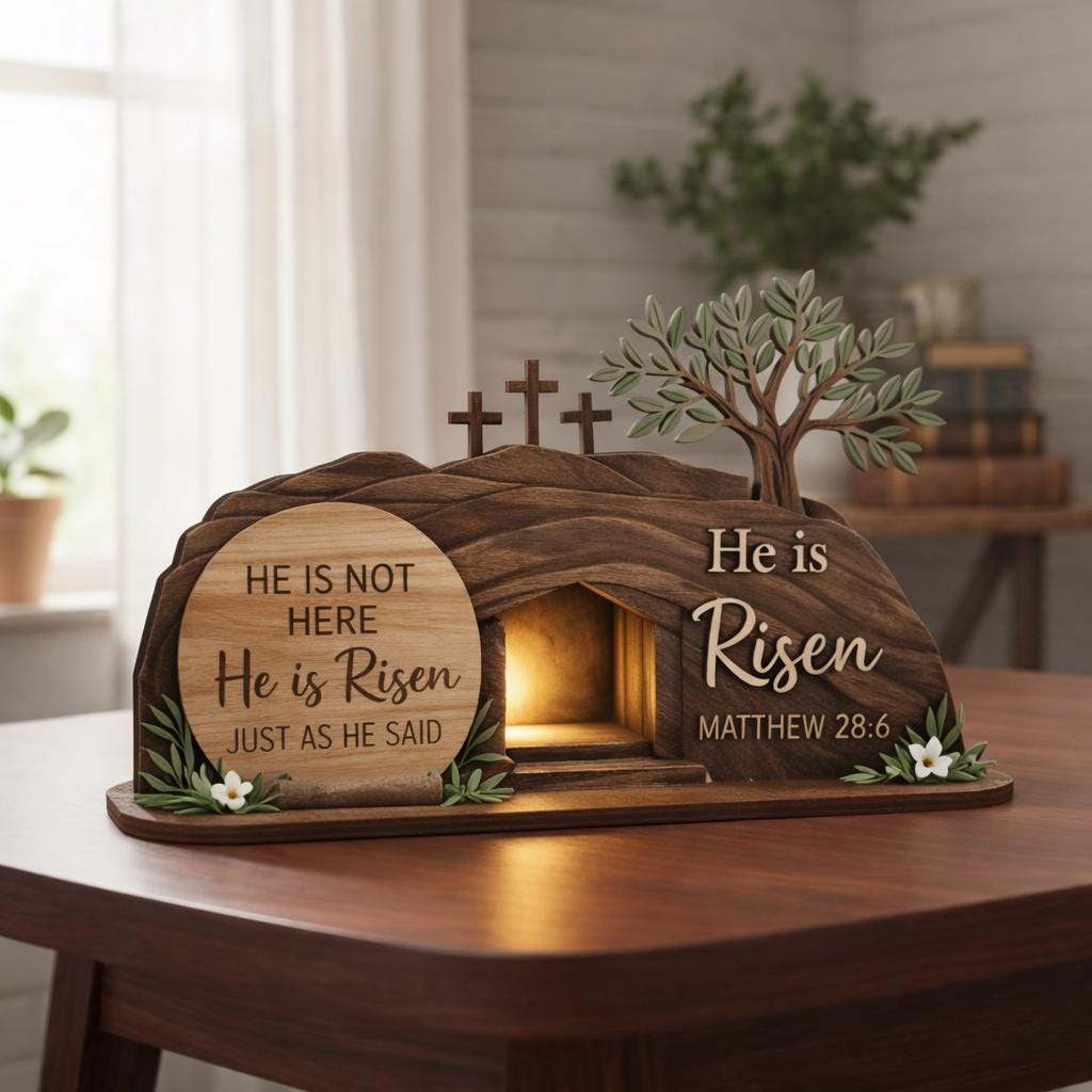 He is Risen Easte Wooden Block, Christian Resurrection Table Sign, Religious Home Decor Gift, Empty Tomb Cross Wood Shelf