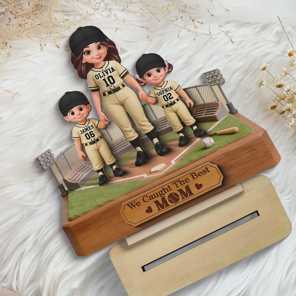 Customized We Caught the Best Mom Wooden Plaque With Flat Base, Decor Gift for Mommy Son Baseball Lover, Birthday Mother's Day Keepsake Gift