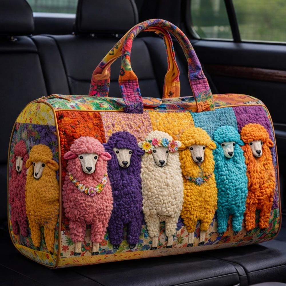 Colorful Sheep Quilted Duffle Bag, Lamb Art Weekender Travel Bag, Whimsical Farm Animal Duffel, Cute Cottagecore Carry On Tote
