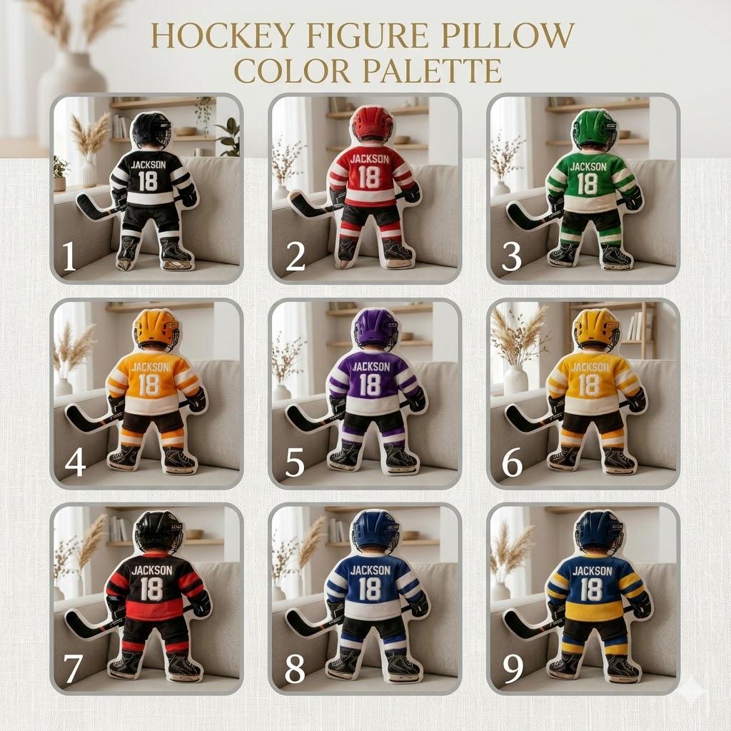 Personalized Hockey Player Pillow Custom Name Number Flat Printed 3D Look NOT Embossed Kids Sports Cushion Team Uniform Gift Room Decor