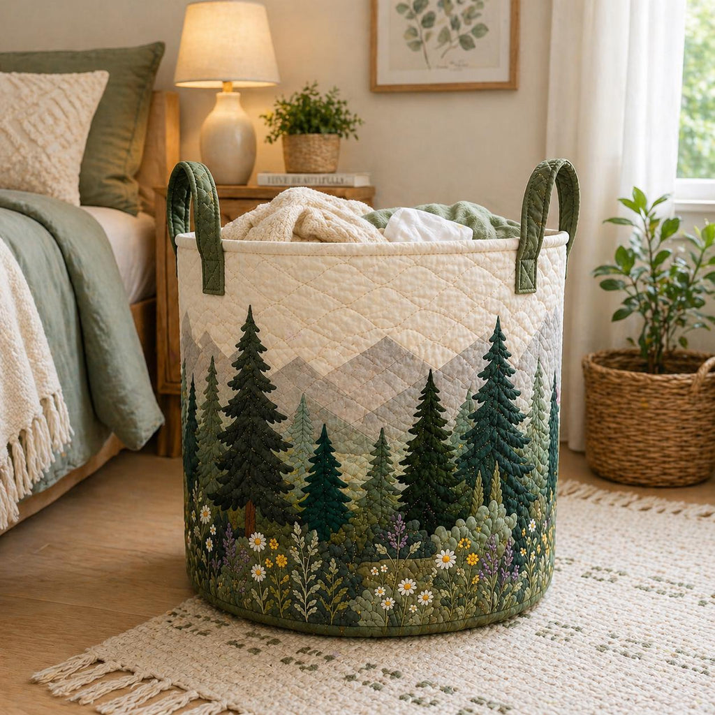 Quilted Fabric Basket Forest Landscape – Laundry Storage Bin, Nature Mountain Design, Large Fabric Organizer