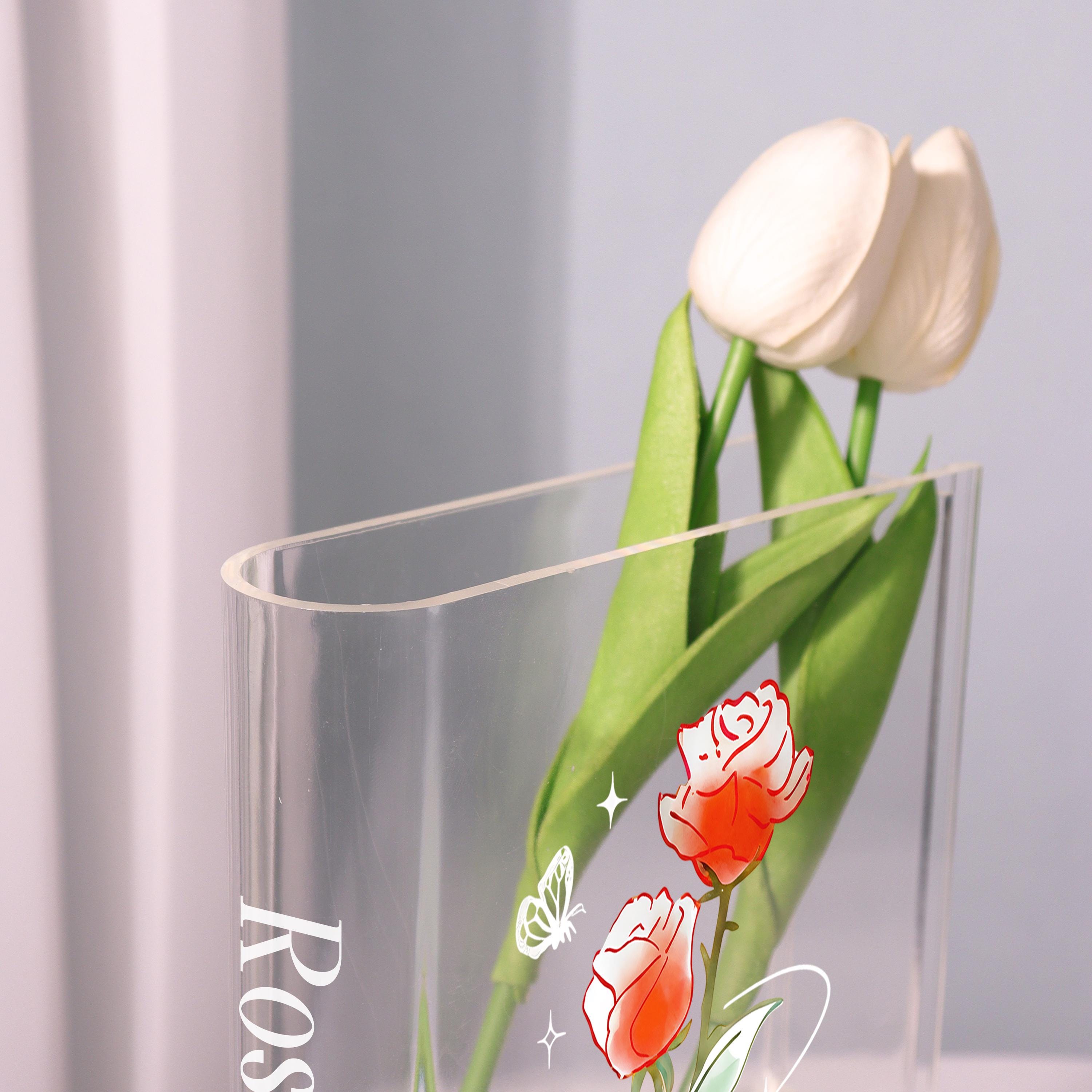 Red Rose Acrylic Book Vase, Line-art Butterfly Bookish Vase, Fairy Tale Flower Book Shaped Vase, Minimalist Rose, Custom Gift for Book Lover