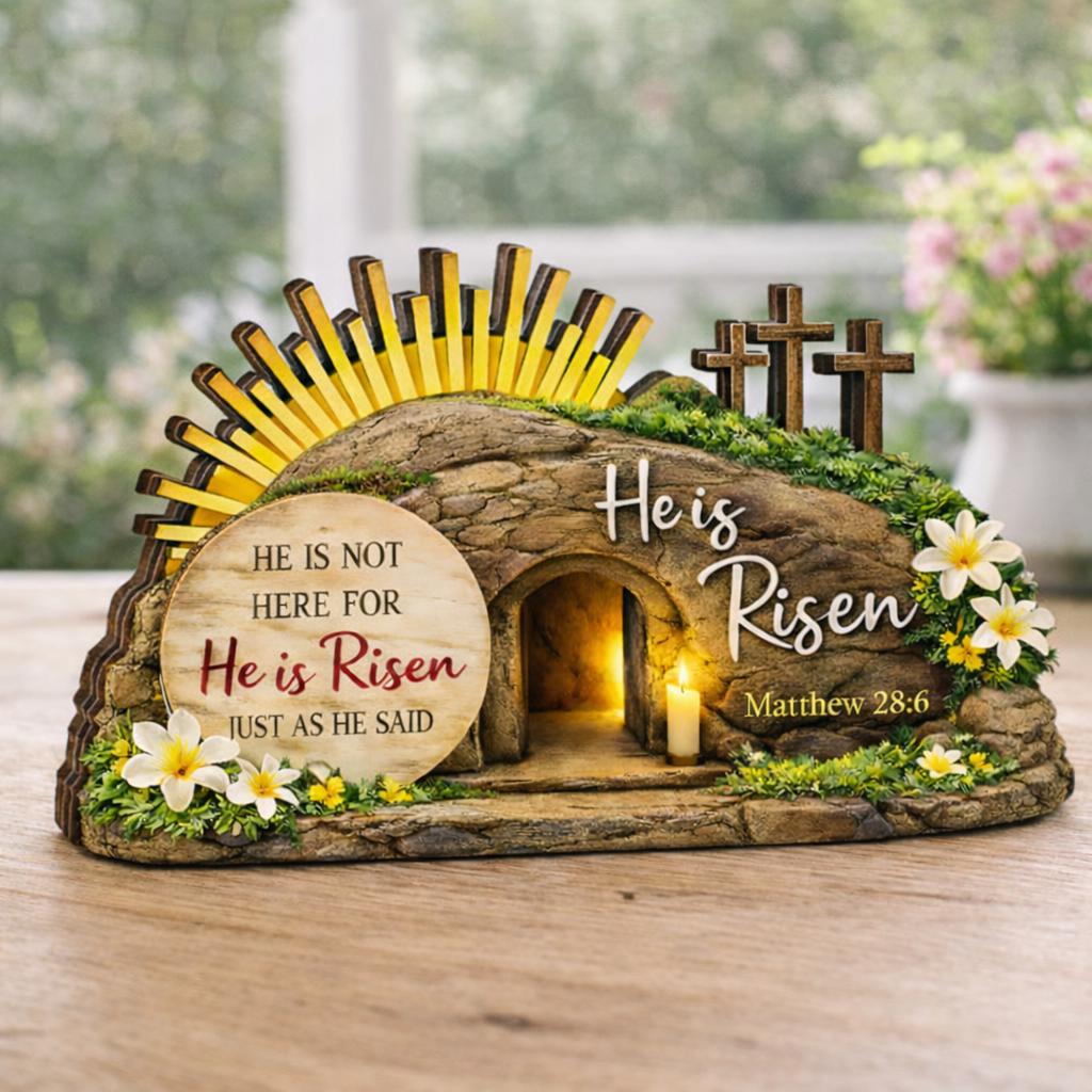 He is Risen Wooden Block Decor, Empty Tomb Easter Sign With Crosses, Matthew 28_6 Christian Tabletop, Resurrection Home Gift