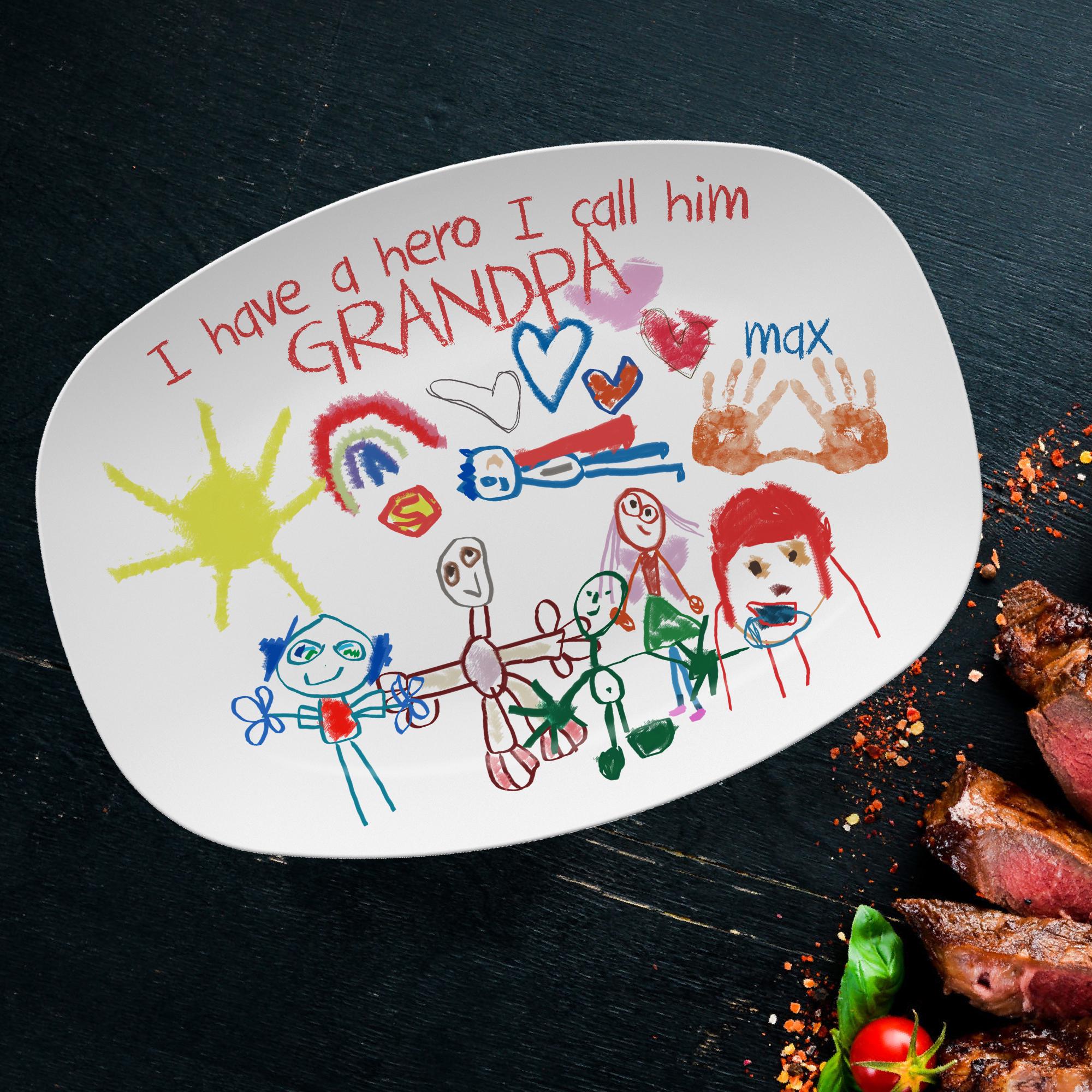 Kid's Art & Handprint Custom Platter, Father's Day Gift, Personalized BBQ Grilling Plate, Custom Serving Platter for Dad, Gift for Him