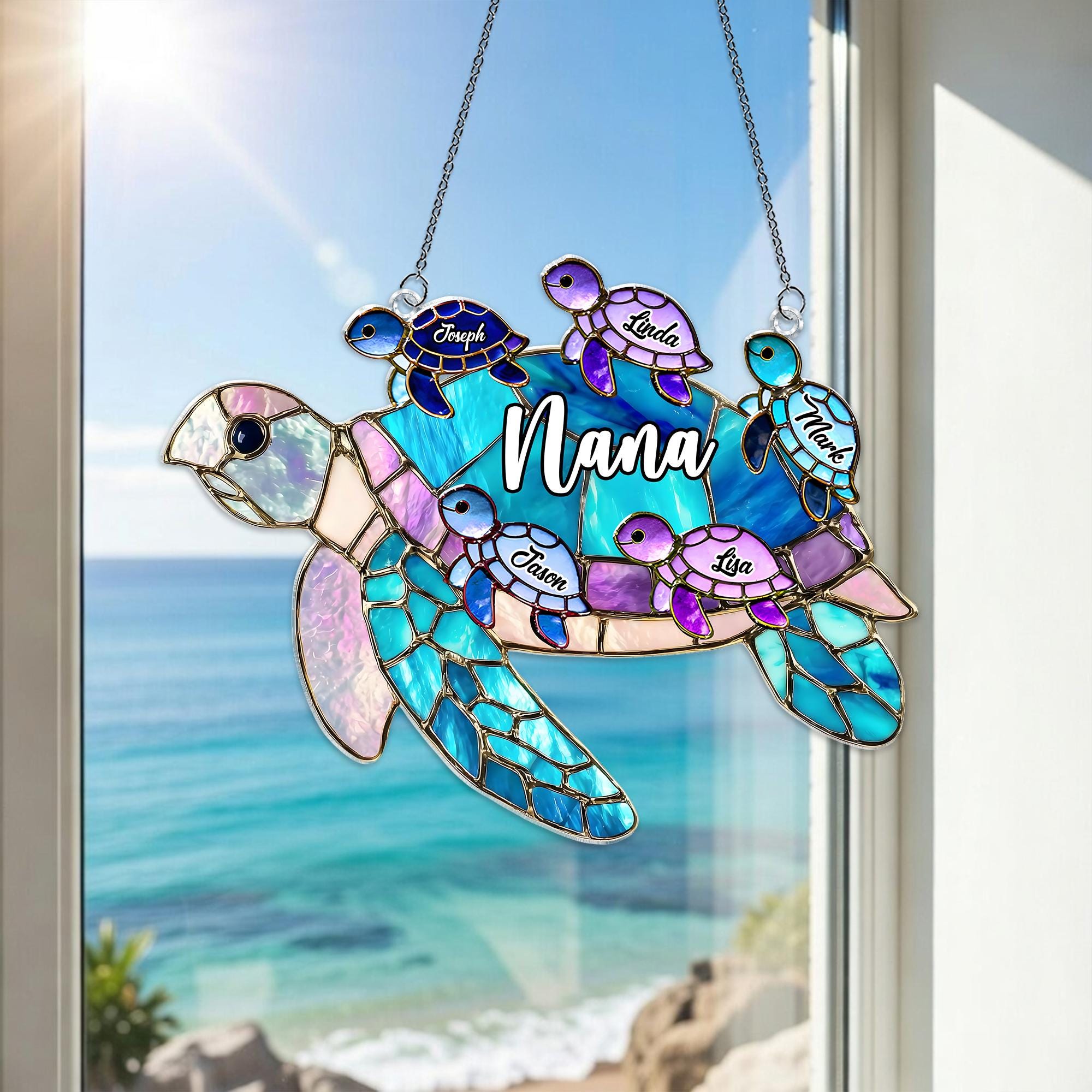 Personalized Grandma Turtle Acrylic Suncatcher, Nature Window Decor, Custom Family Names Hanging Window Decor