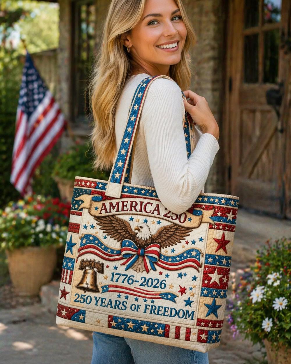 Quilted Tote Bag, America 250th Anniversary Patriotic Shoulder Bag, Boho Bags Gift for Women, Natural Lover Gift, Lover Gift