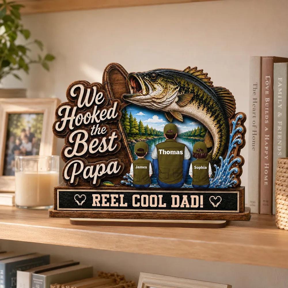 Personalized Fishing Dad Wood Sign, Custom Family Portrait, Reel Dad Plaque